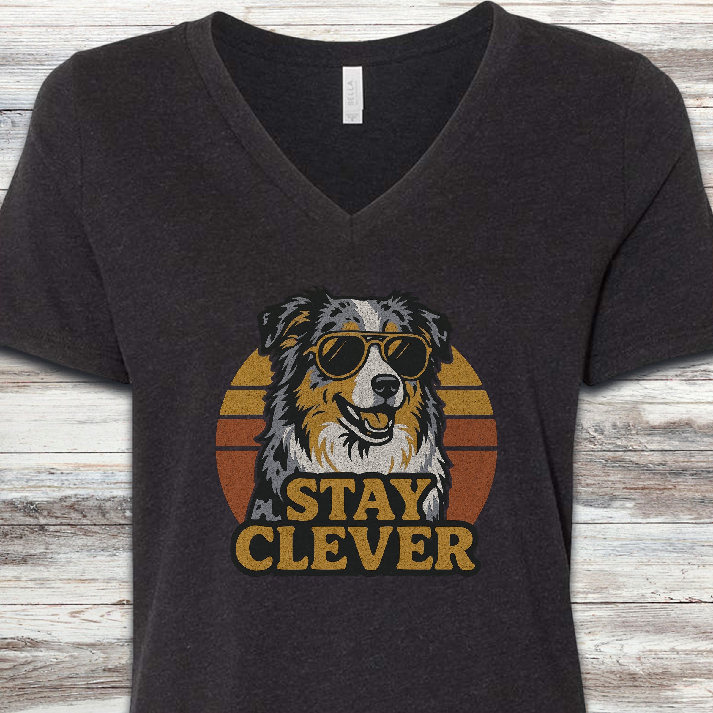 Australian Shepherd Stay Clever V-Neck Tee - Black Heather