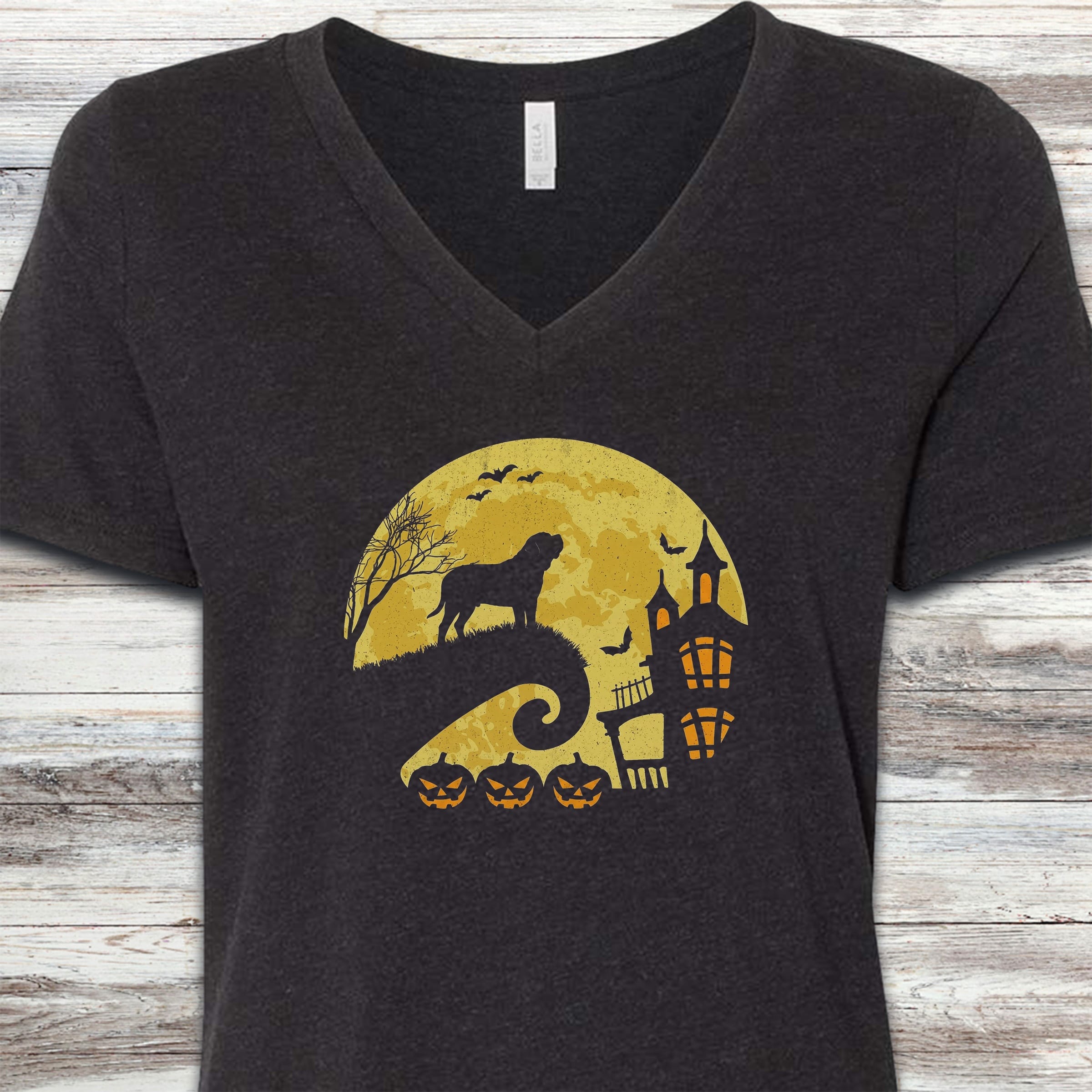 English Mastiff Halloween Moon V-Neck Tee - Black Heather