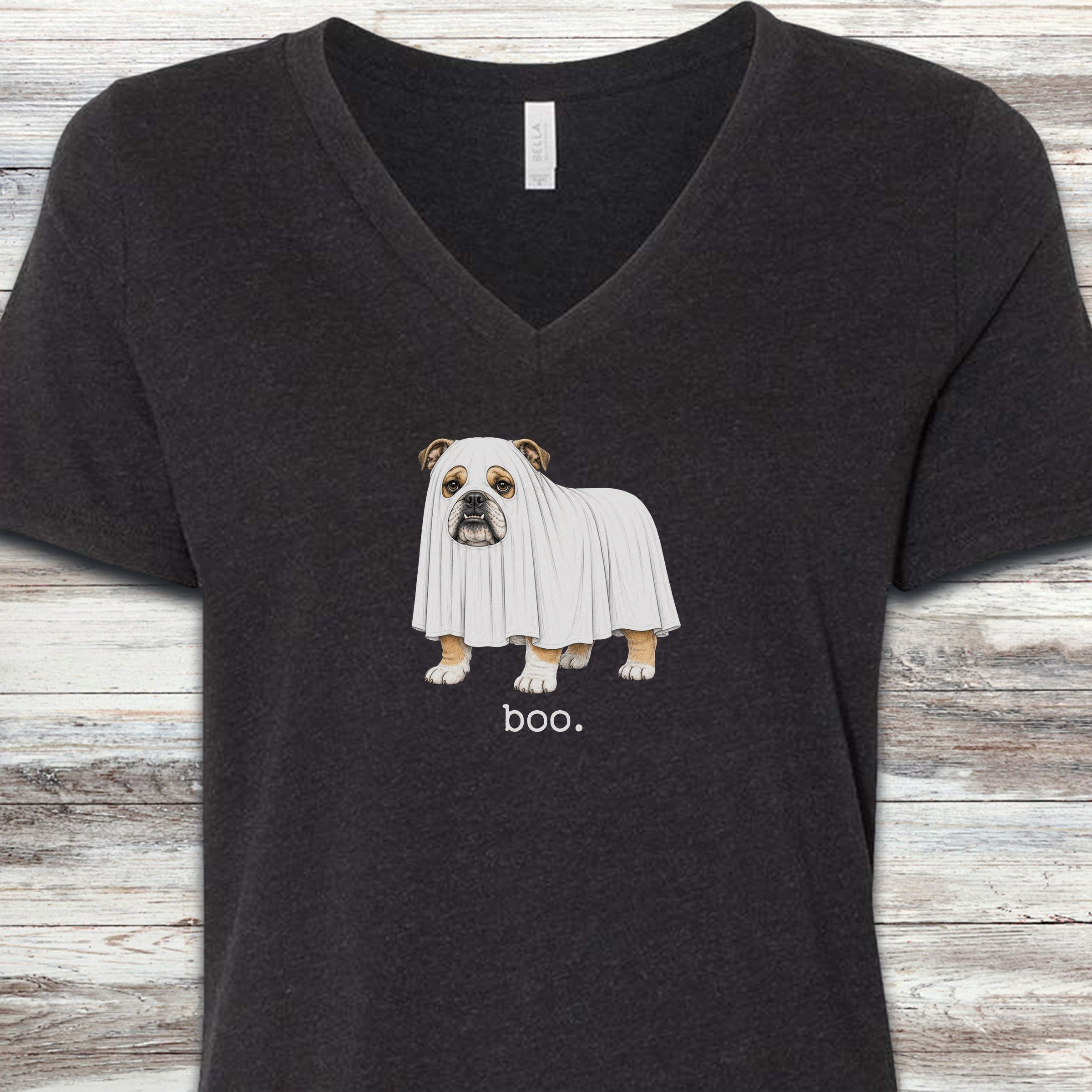 English Bulldog Boo V-Neck Tee - Black Heather