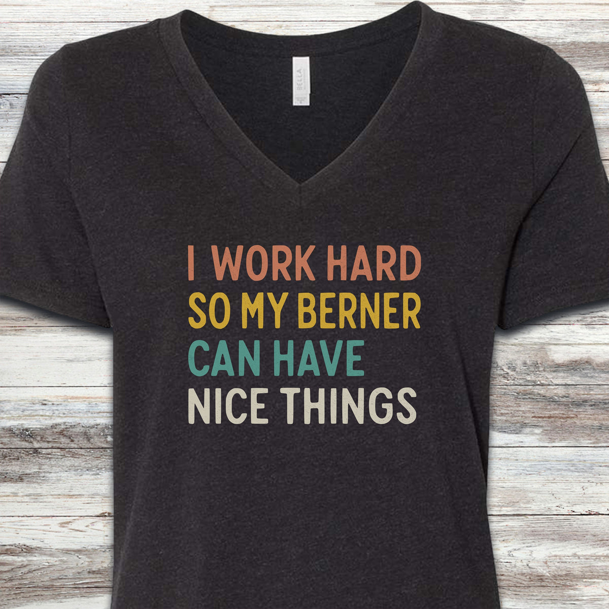I Work Hard Bernese Mountain Dog V-Neck Tee - Black Heather