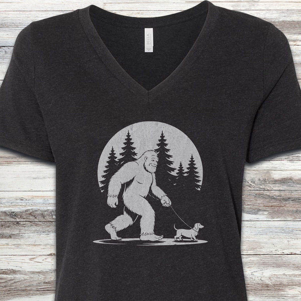 Dachshund Bigfoot V-Neck Tee - Black Heather
