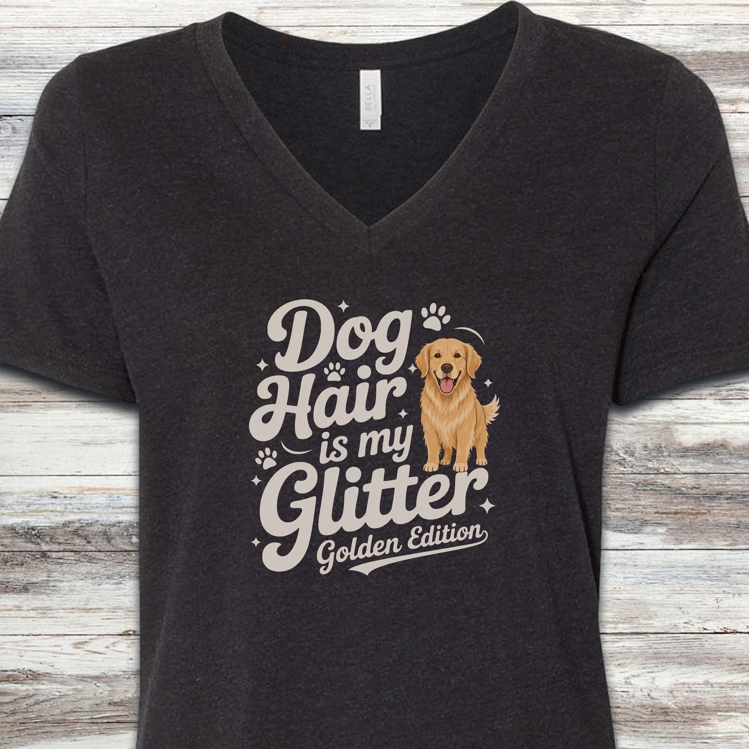 Golden Retriever Glitter V-Neck Tee - Black Heather