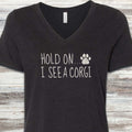 Corgi Hold On V-Neck Tee - Black Heather