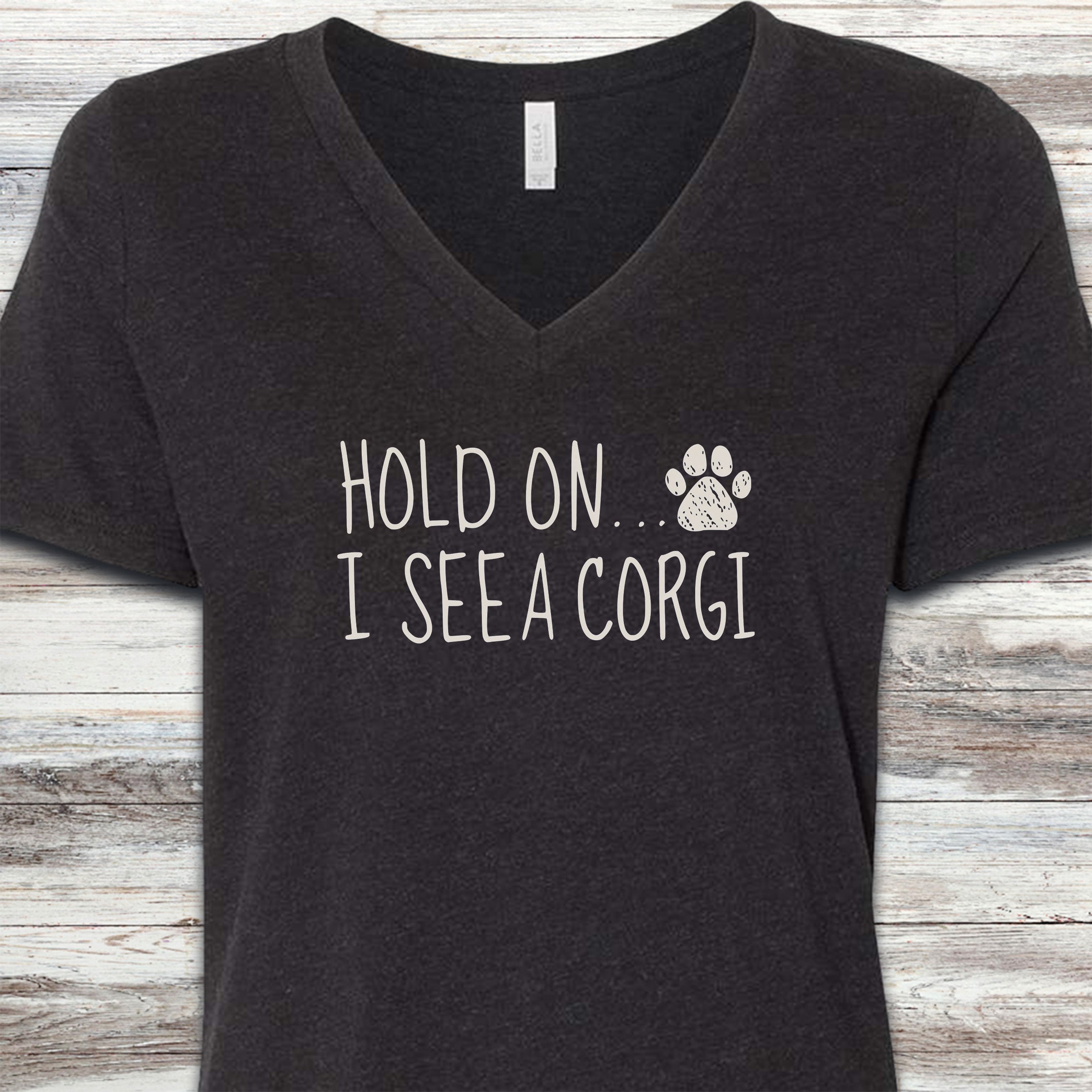 Corgi Hold On V-Neck Tee - Black Heather