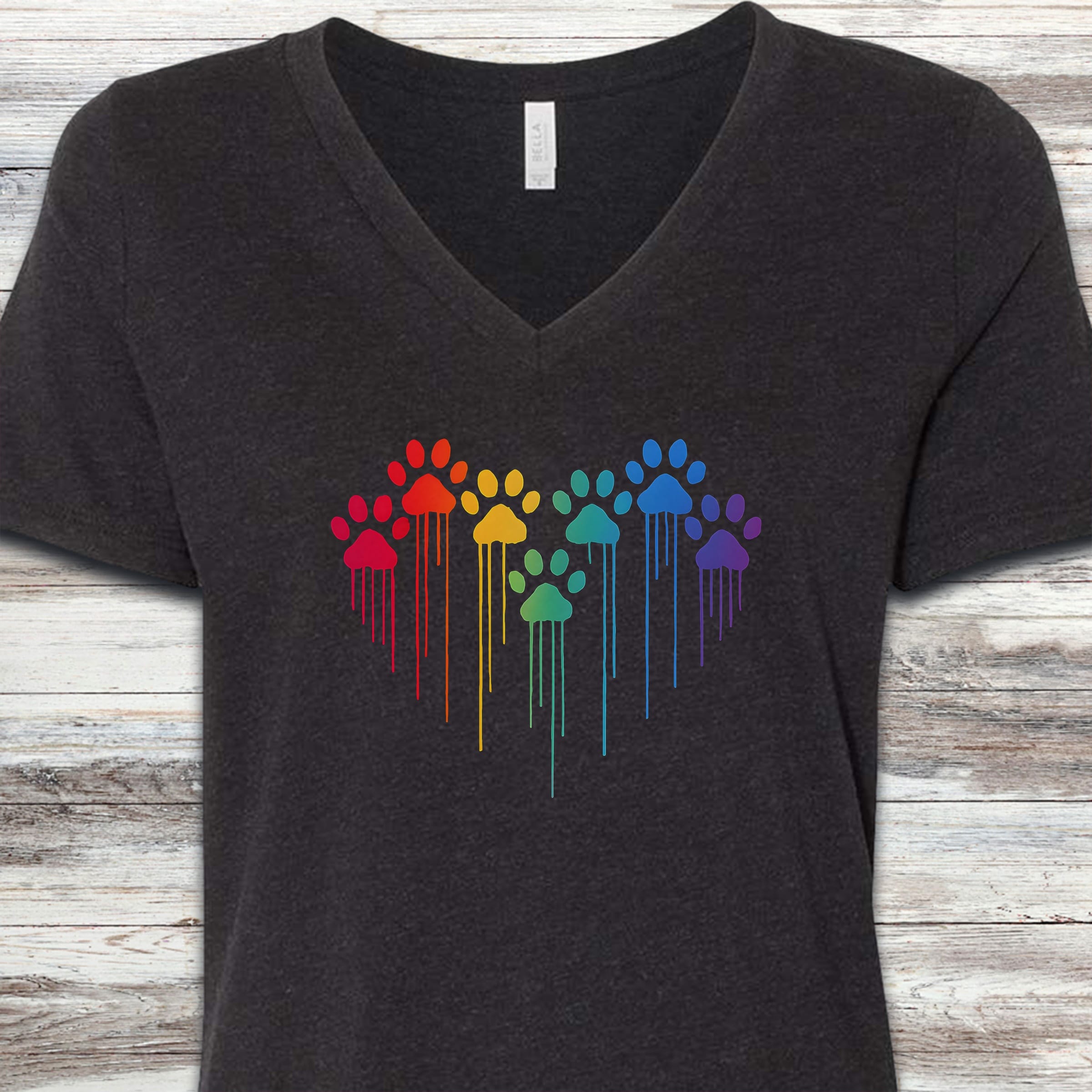 Rainbow Heart Prints V-Neck Tee - Black Heather