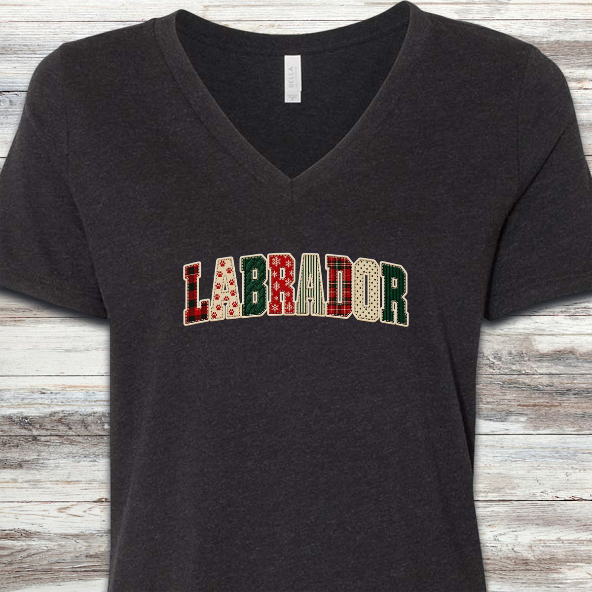 Labrador Retriever Holiday Faux Patchwork V-Neck Tee - Black Heather