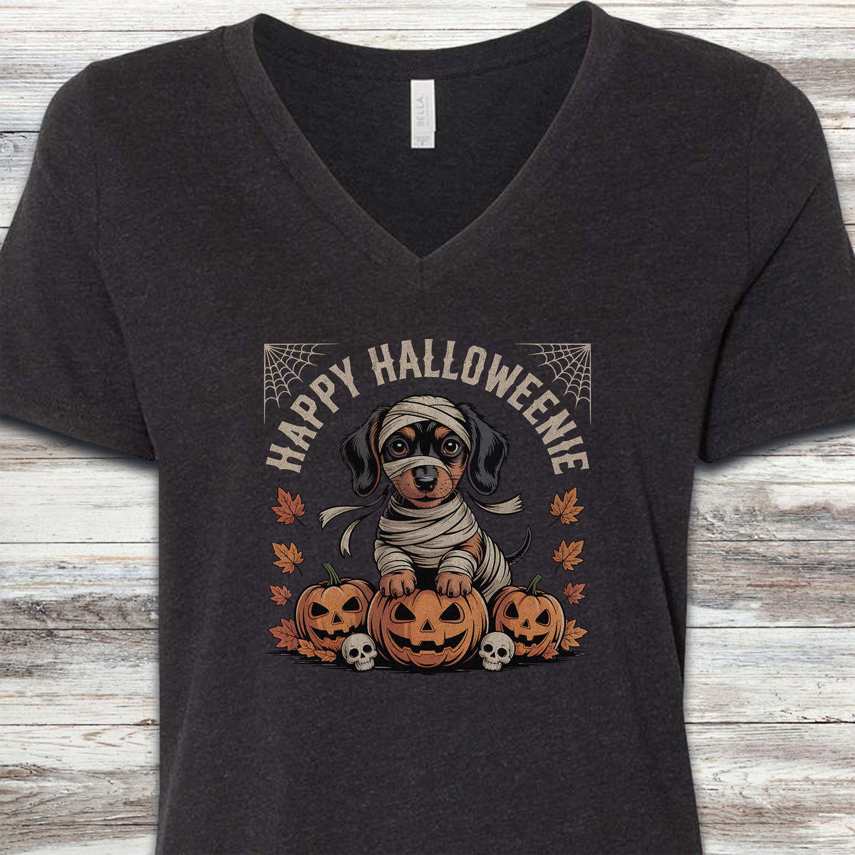 Dachshund Halloweenie V-Neck Tee - Black Heather