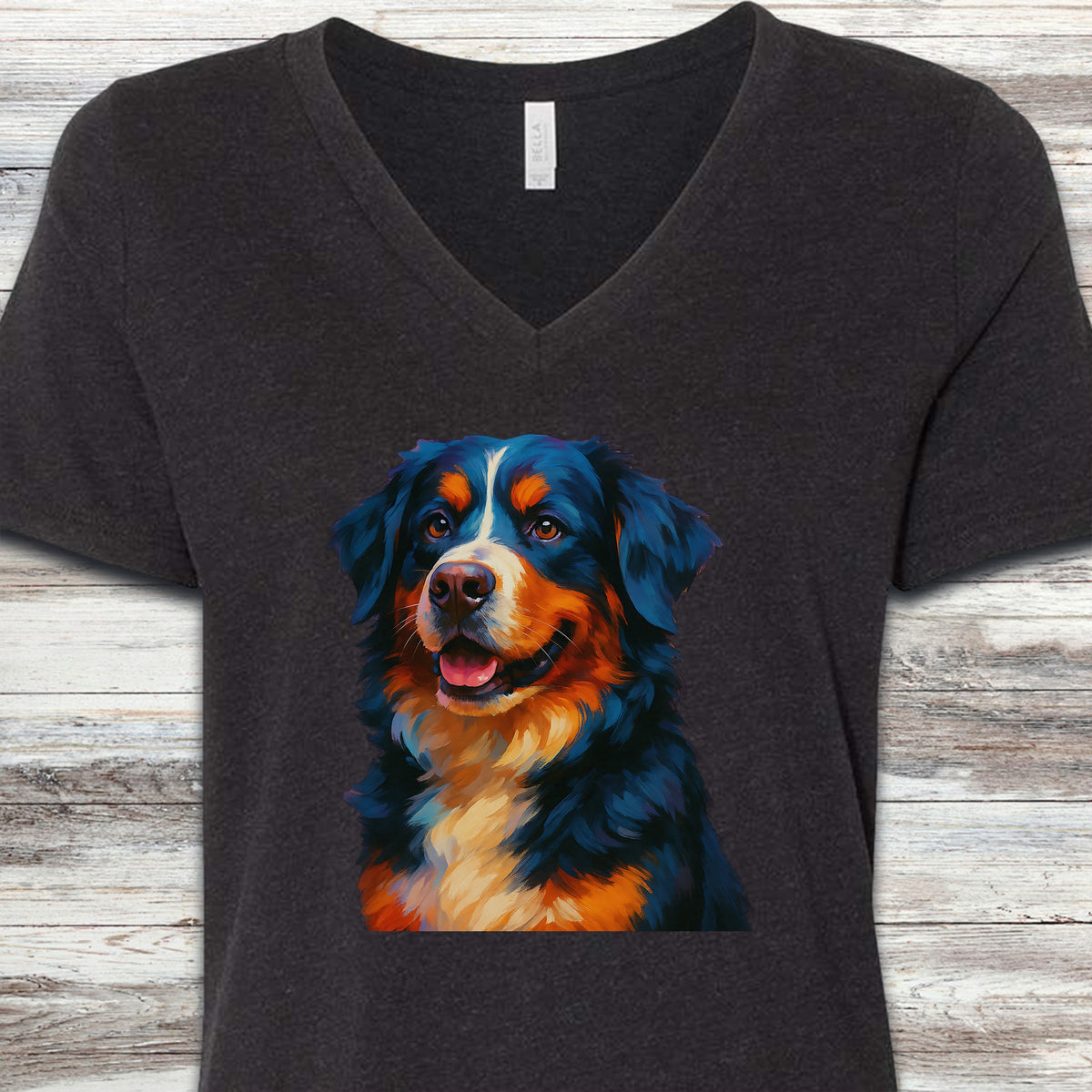 Bernese Mountain Dog Oil Painting V-Neck Tee - Black Heather