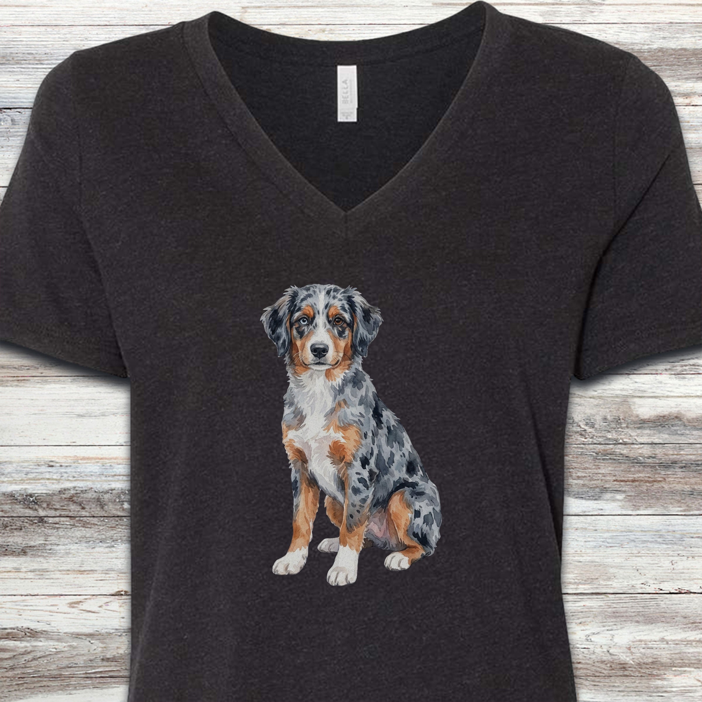 Australian Shepherd Puppy Watercolor V-Neck Tee - Black Heather