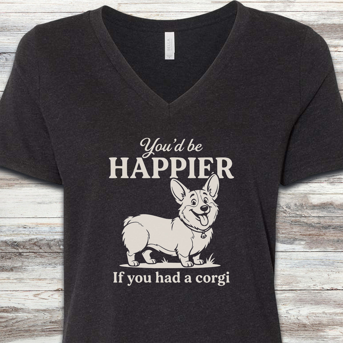 Corgi Happier V-Neck Tee - Black Heather