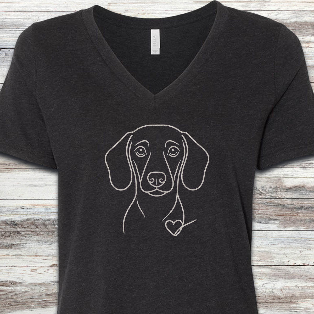 Dachshund Line Art Love V-Neck Tee - Black Heather
