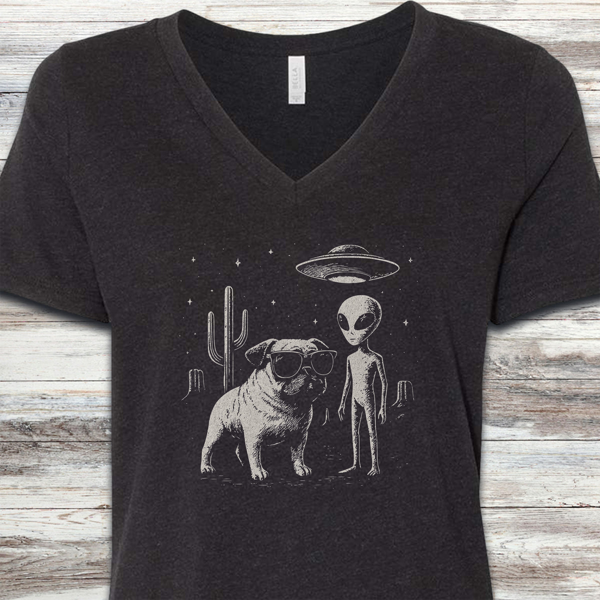 Pug Alien Encounter V-Neck Tee - Black Heather