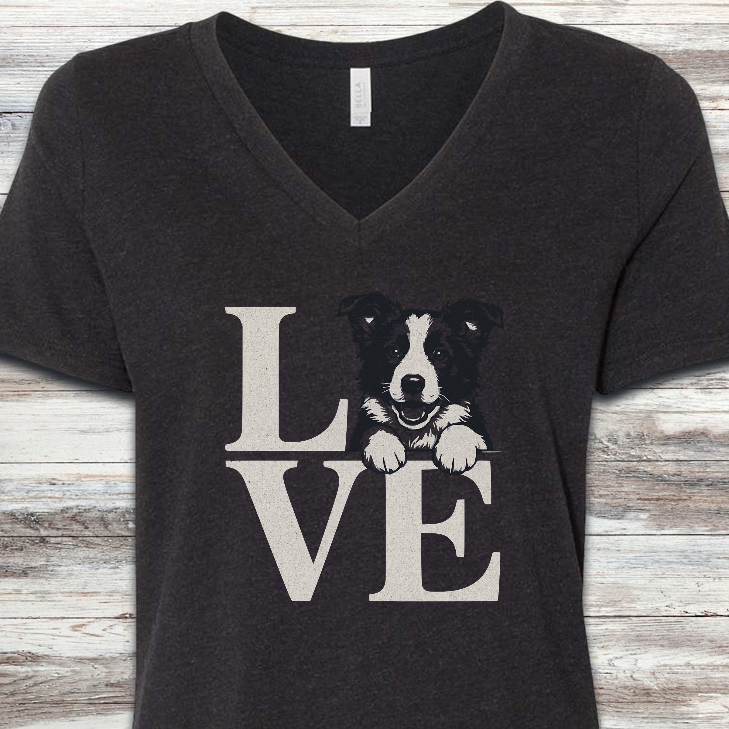 Border Collie Puppy Love V-Neck Tee - Black Heather