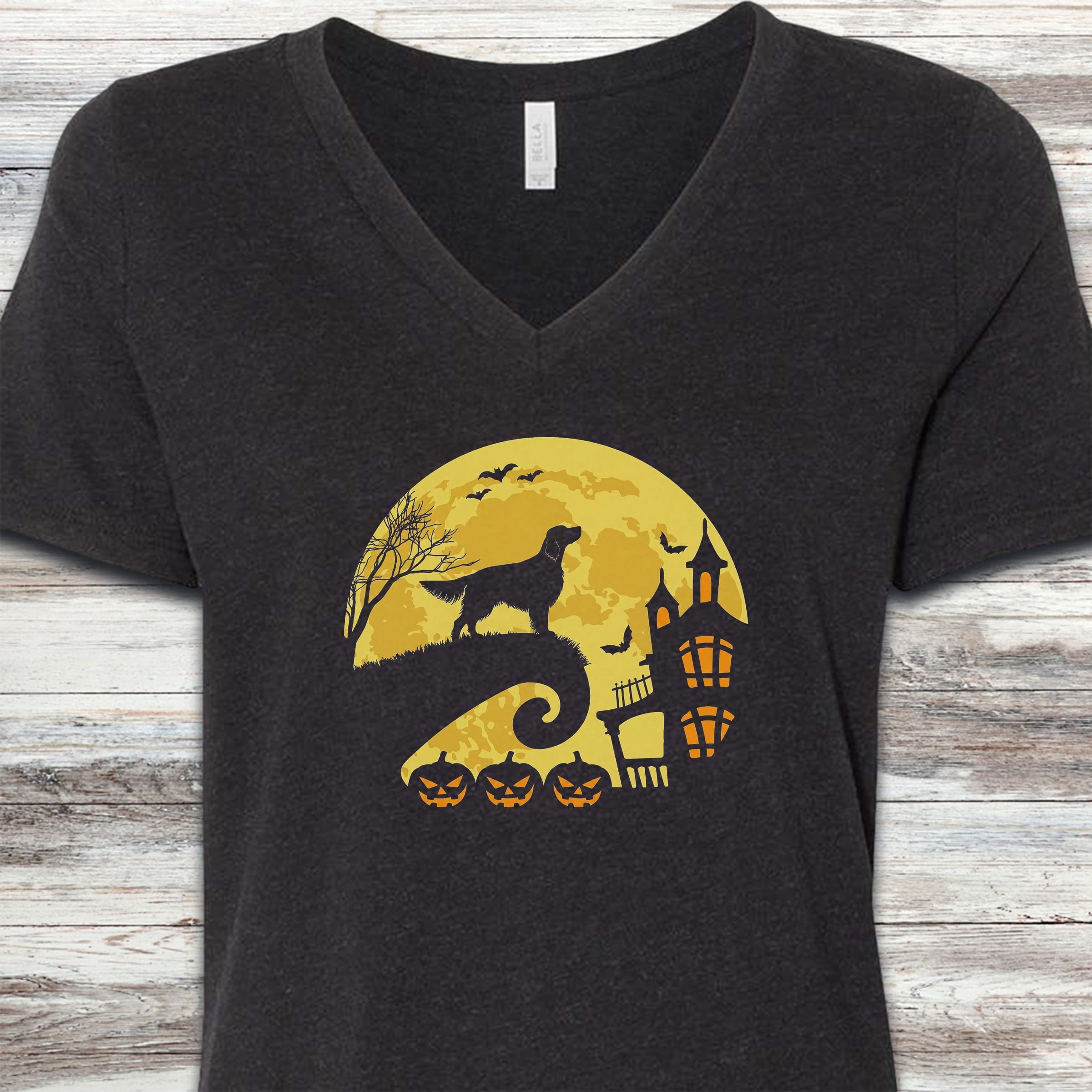 English Setter Halloween Moon V-Neck Tee - Black Heather
