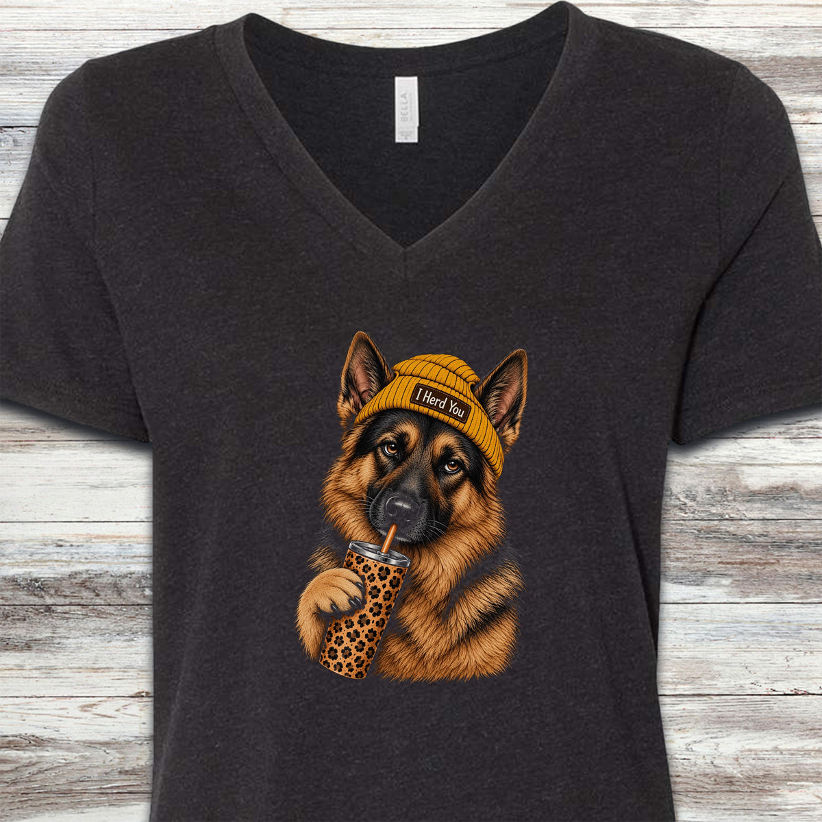 German Shepherd Herd You Beanie V-Neck Tee - Black Heather