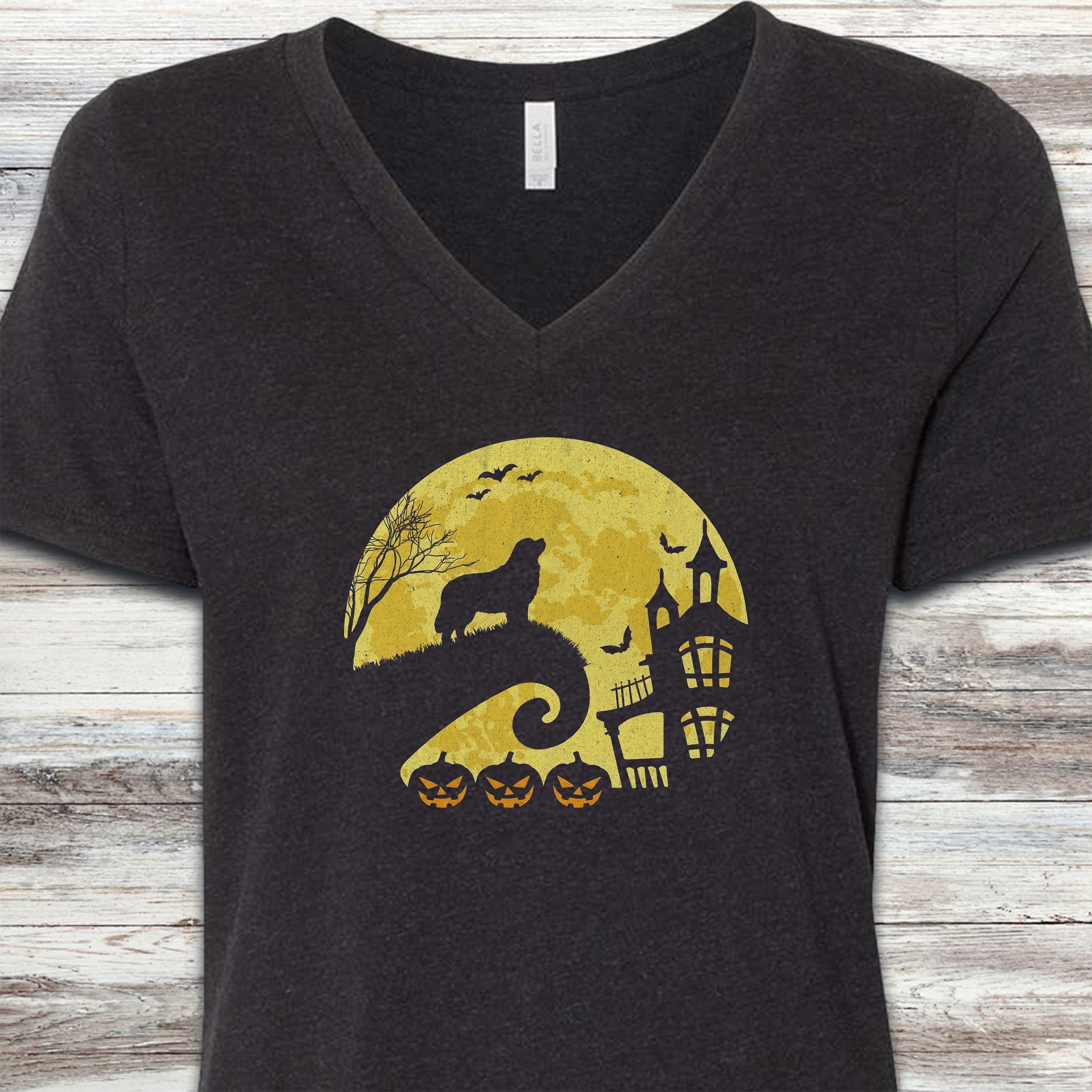 Newfoundland Halloween Moon V-Neck Tee - Black Heather
