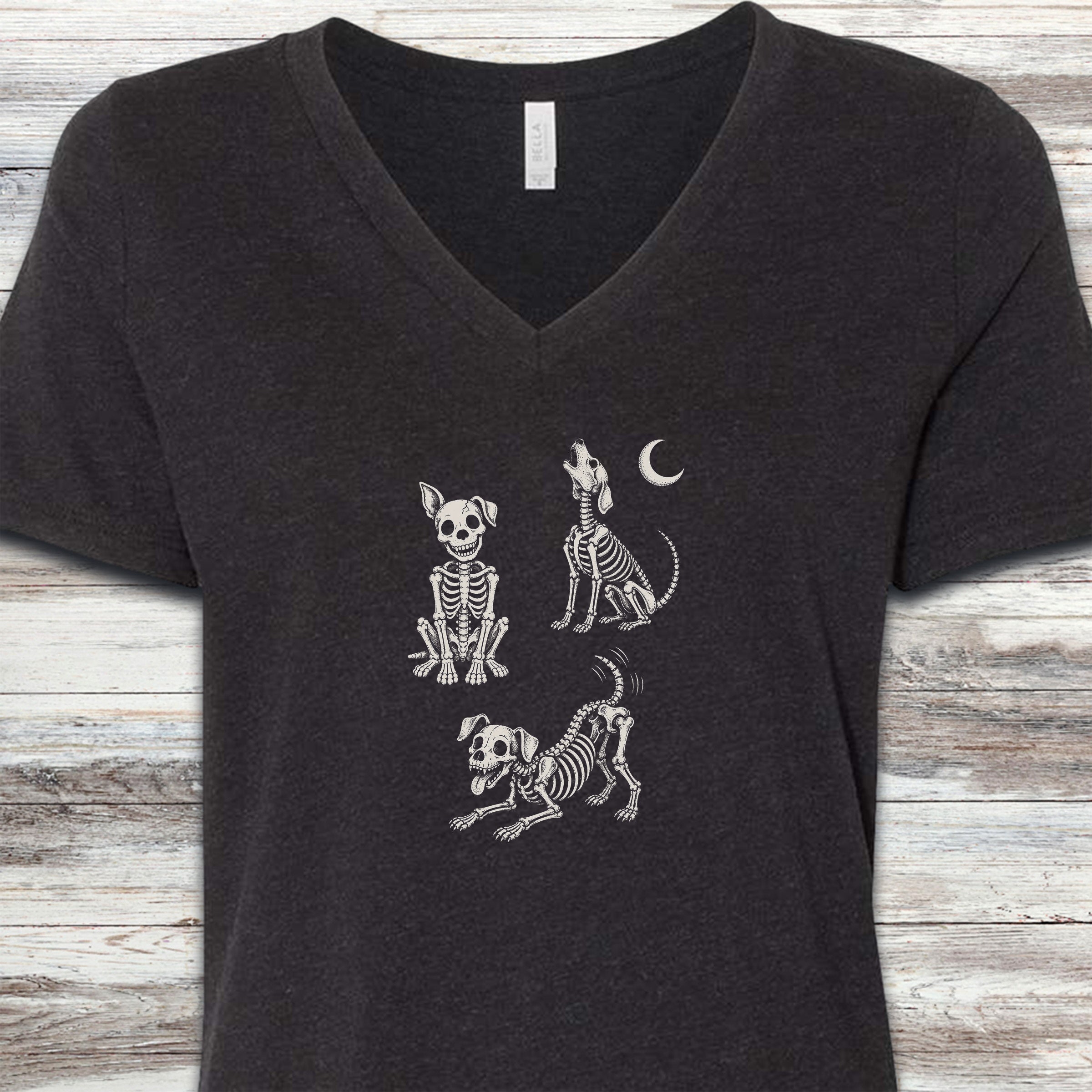 Skelly Dog V-Neck Tee - Black Heather