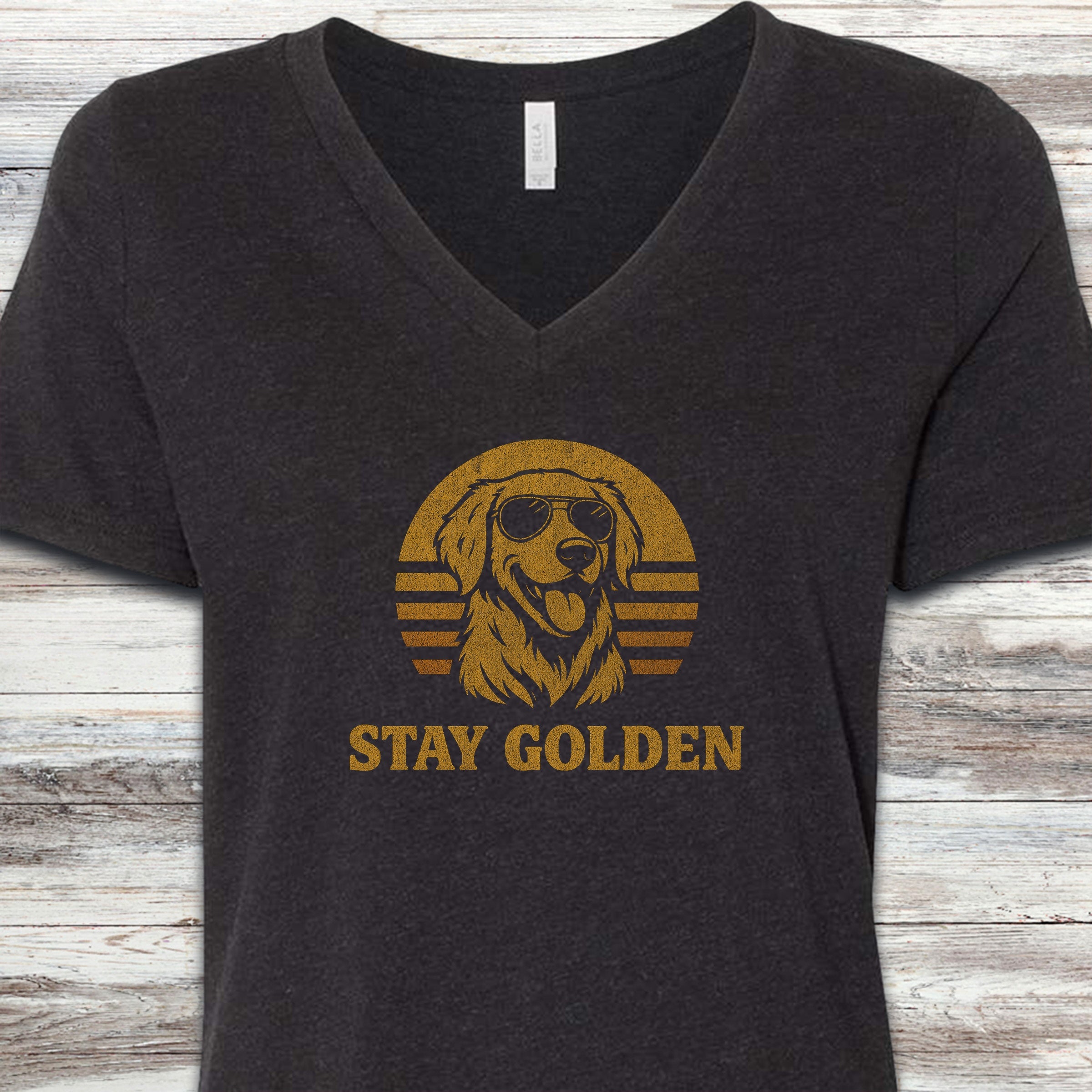 Golden Retriever Retro Stay Golden V-Neck Tee - Black Heather