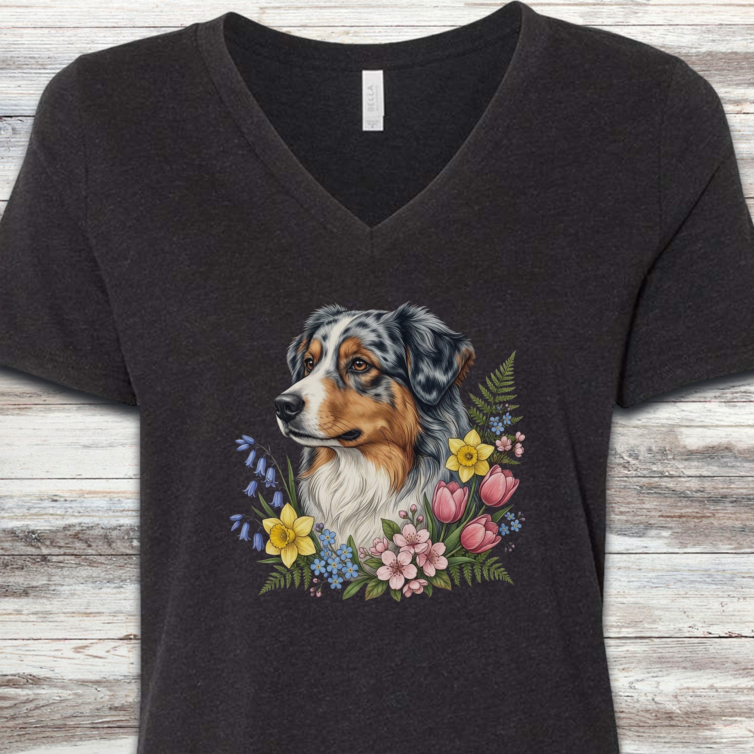 Australian Shepherd Spring Portrait V-Neck Tee - Black Heather