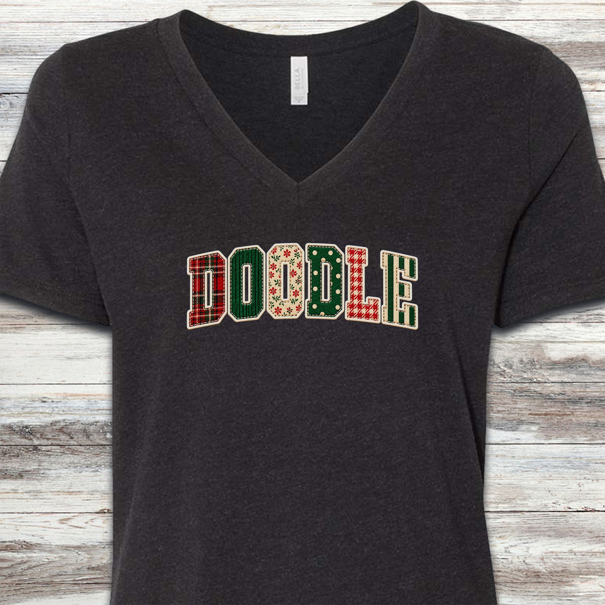 Doodle Holiday Faux Patchwork V-Neck Tee - Black Heather