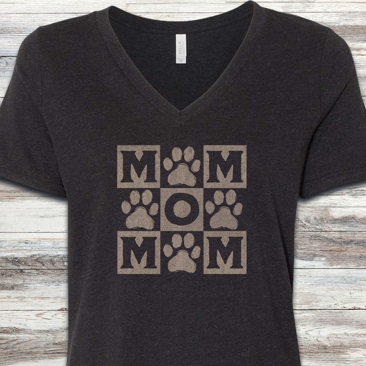 Paw Print Mom V-Neck Tee - Black Heather