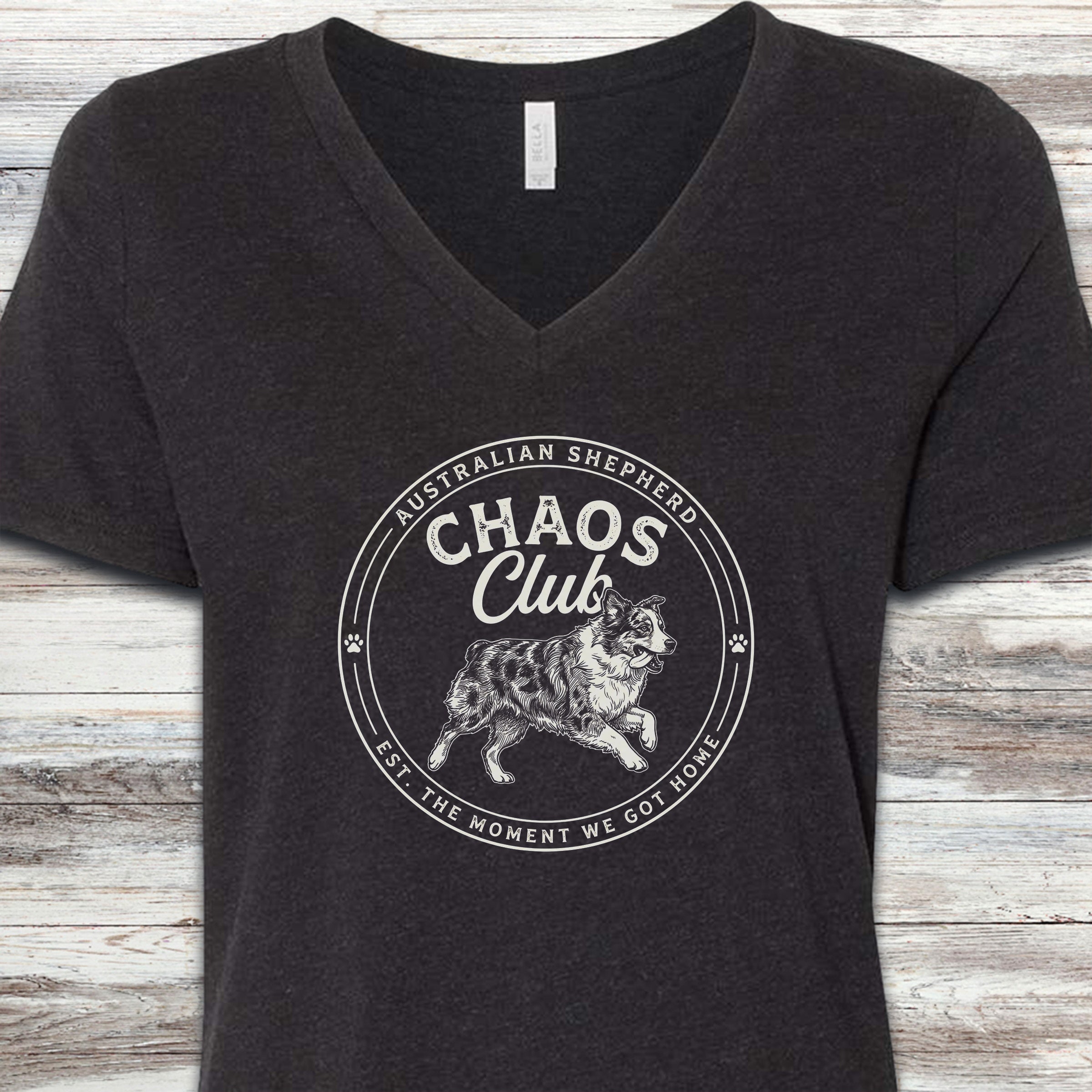 Australian Shepherd Chaos Club V-Neck Tee - Black Heather