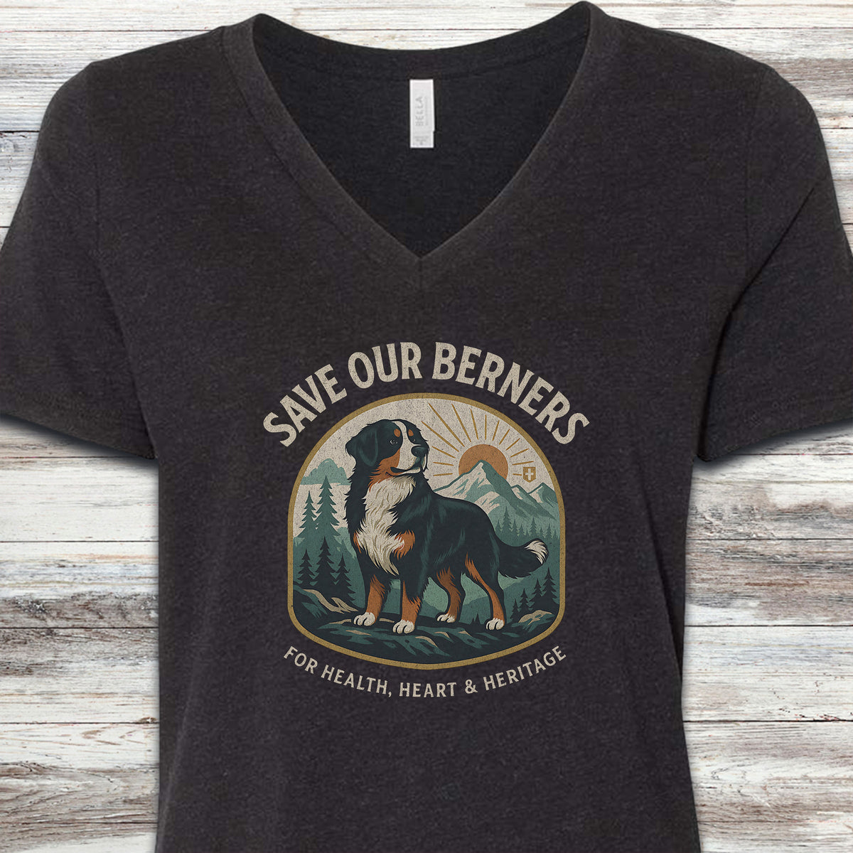 Bernese Mountain Dog Save Berners V-Neck Tee - Black Heather