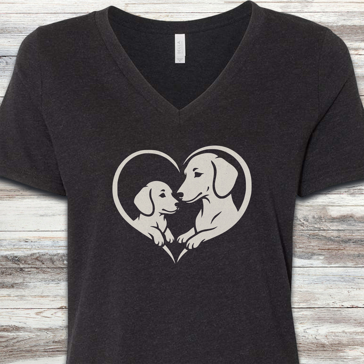 Dachshund Heart Bond V-Neck Tee - Black Heather