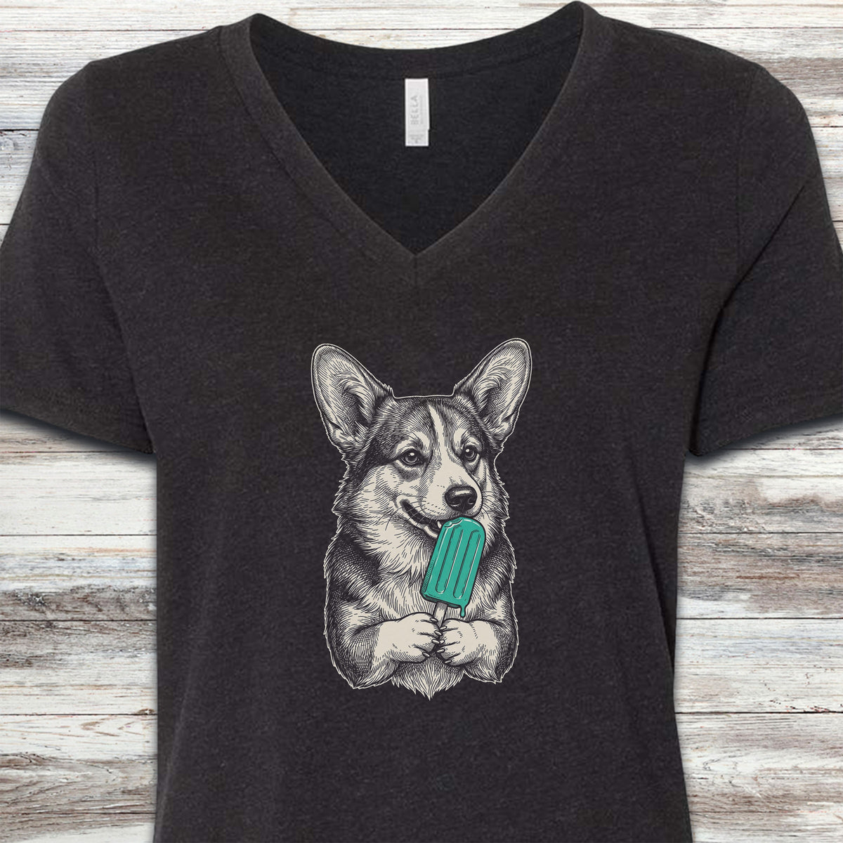 Corgi Pupsicle V-Neck Tee - Black Heather
