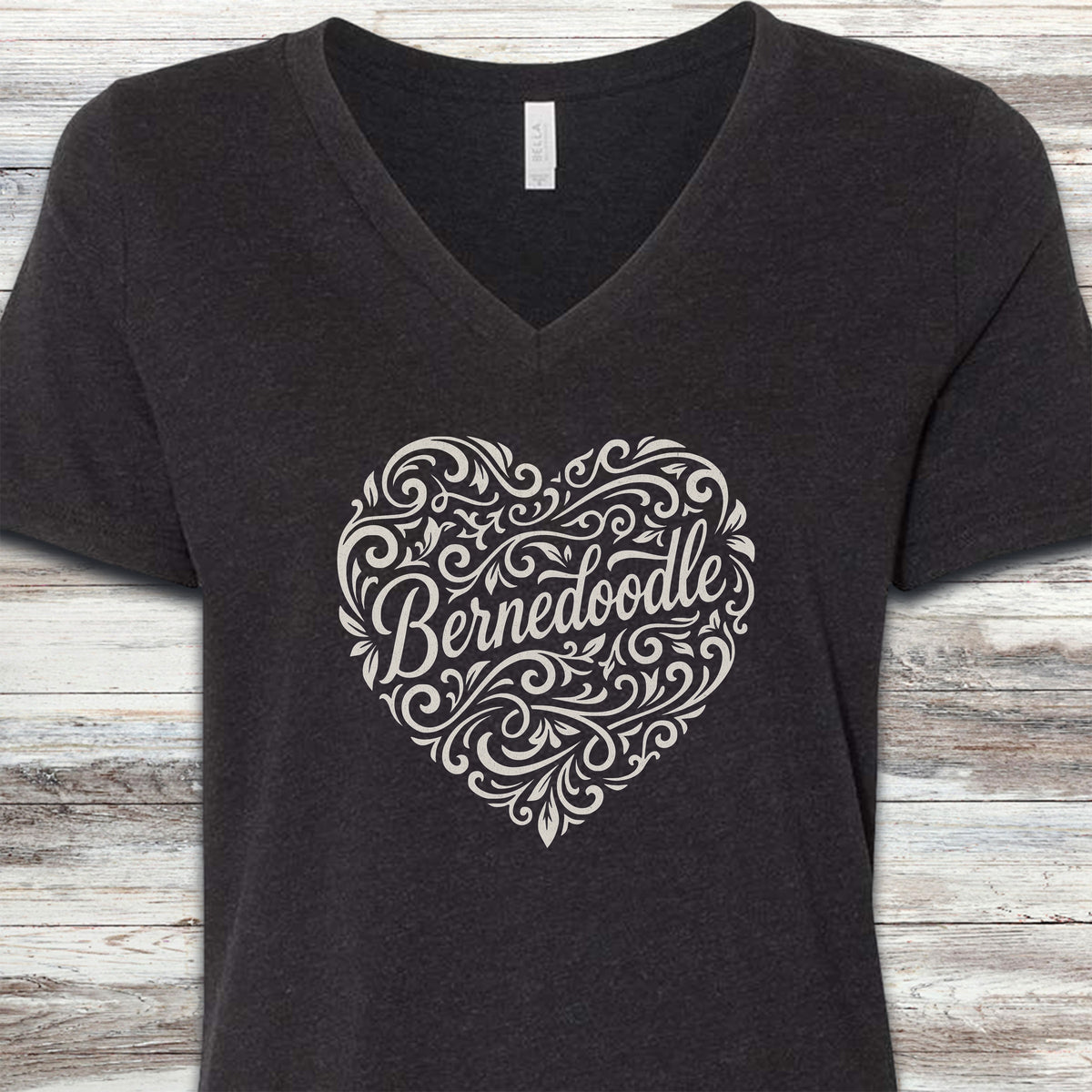 Bernedoodle Heart Script V-Neck Tee - Black Heather