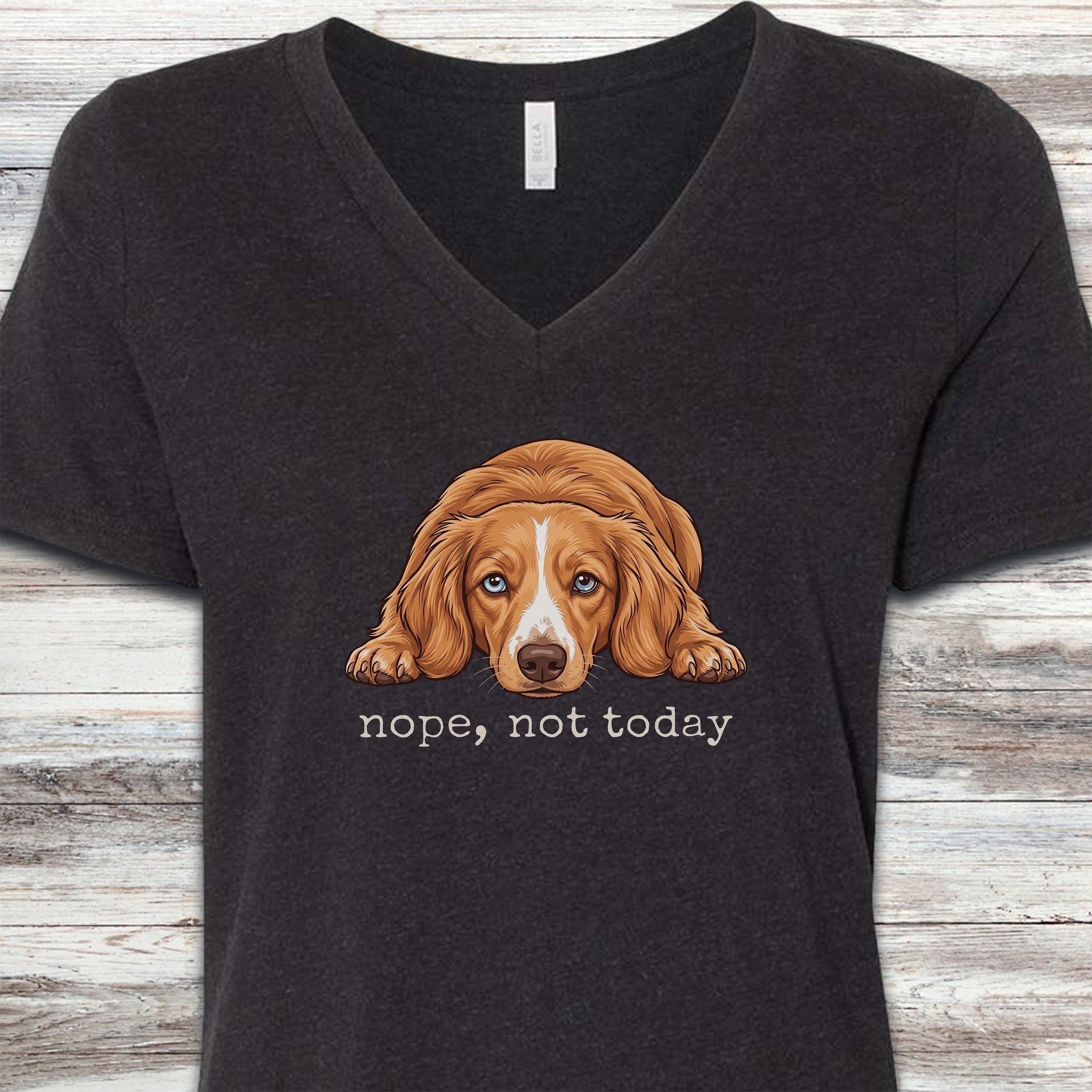Dachshund Long Hair Red Piebald Nope V-Neck Tee - Black Heather