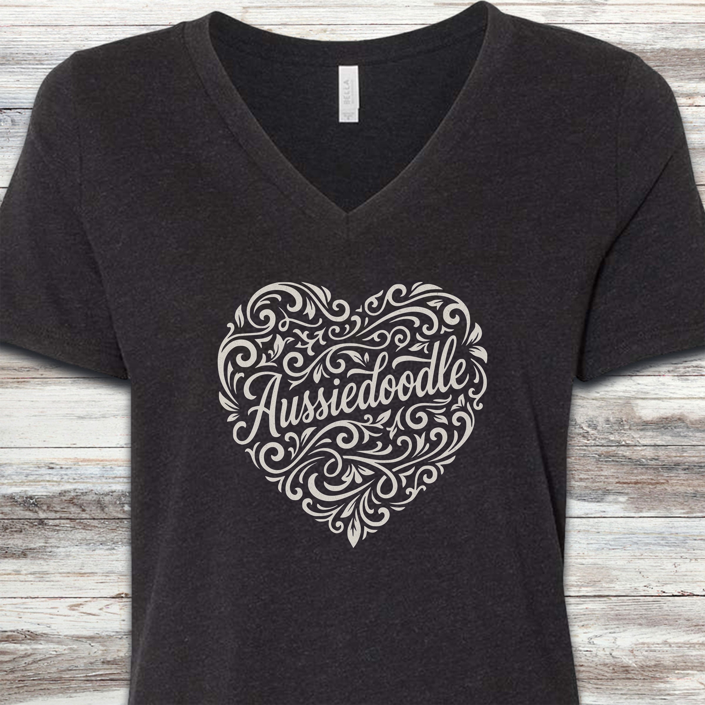 Aussiedoodle Heart Script V-Neck Tee - Black Heather