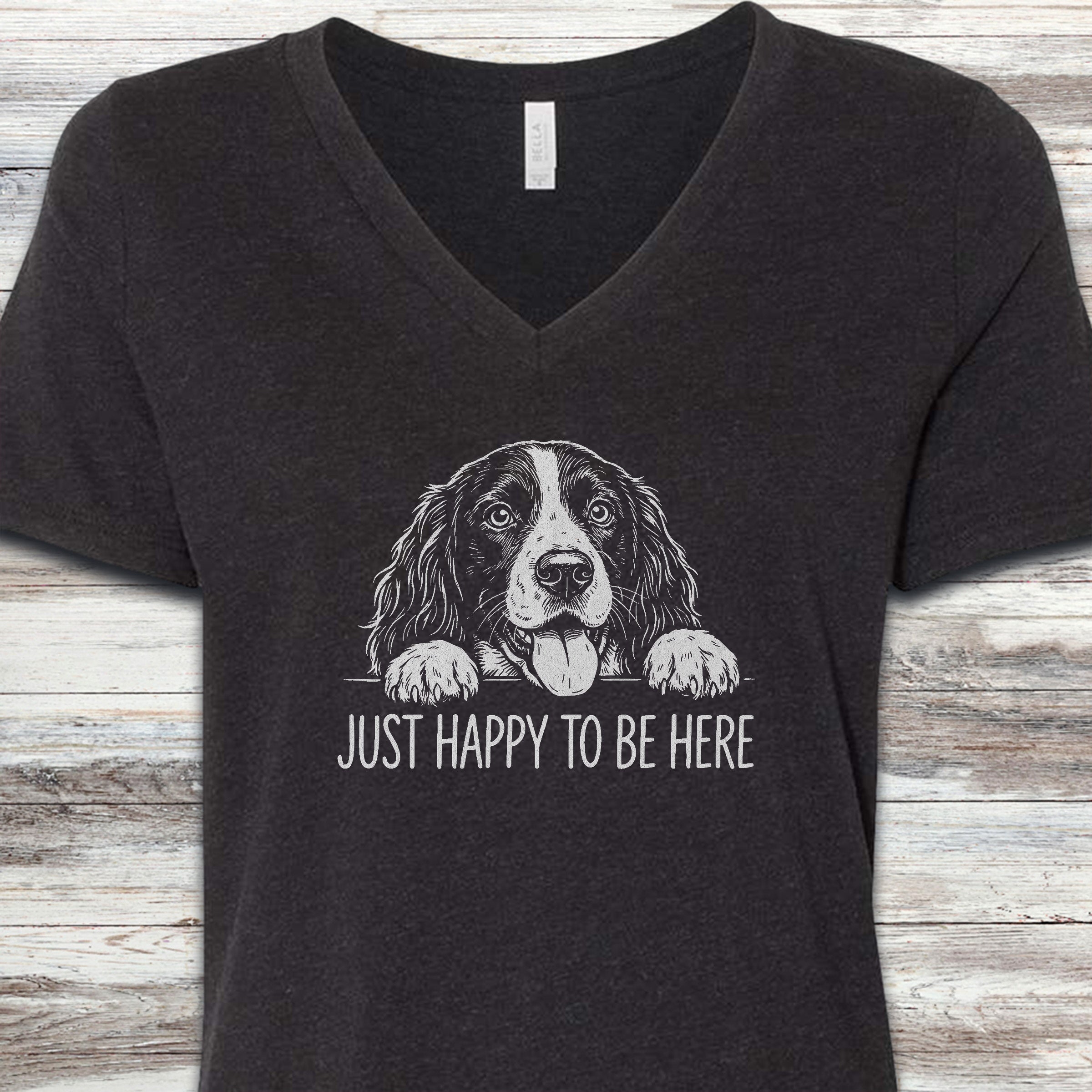 English Springer Spaniel Happy V-Neck Tee - Black Heather