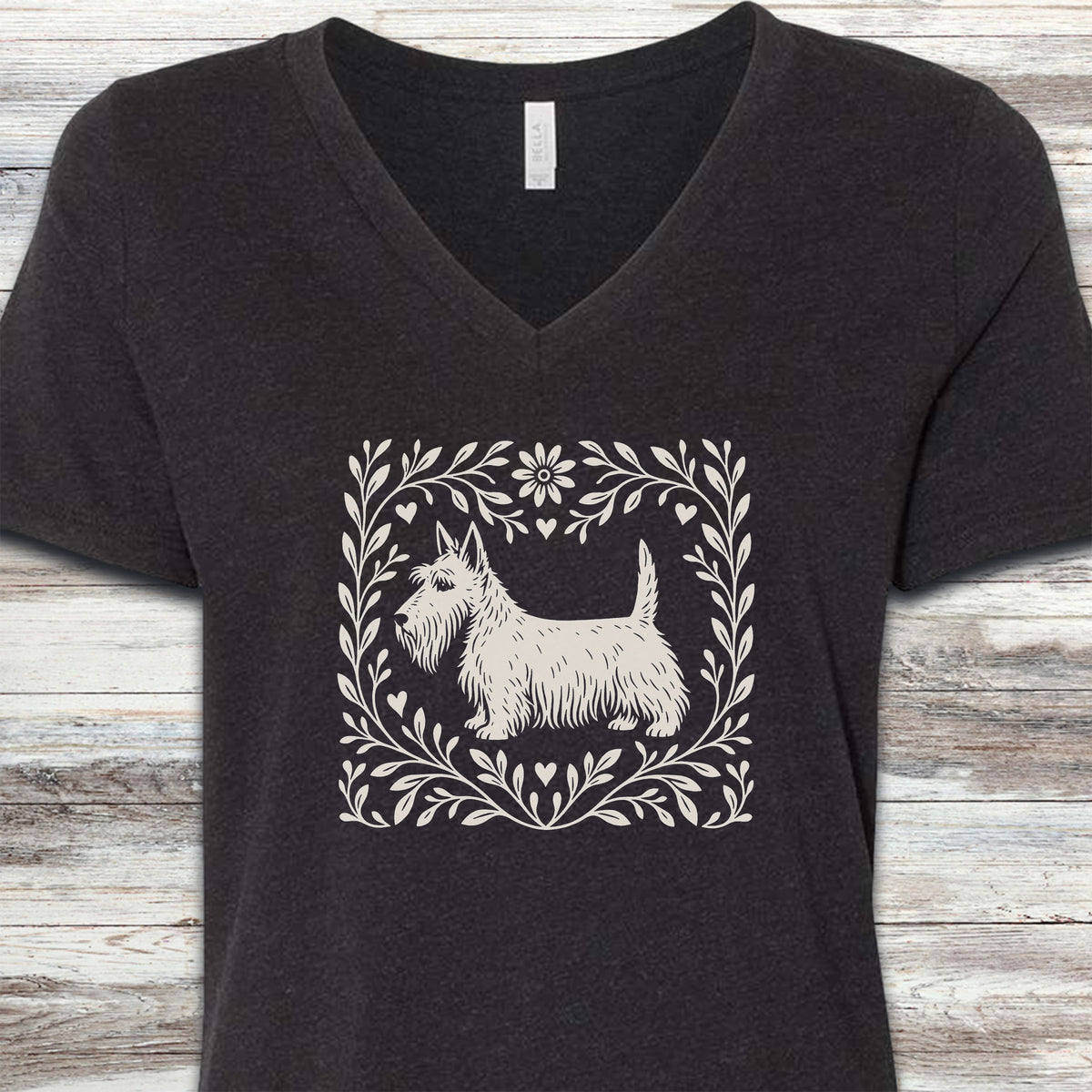 Scottish Terrier Linocut V-Neck Tee - Black Heather