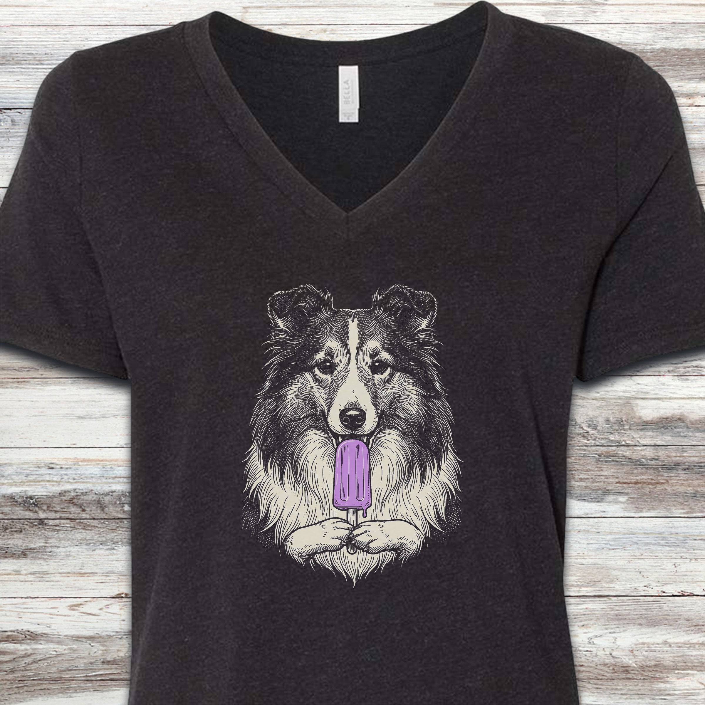 Shetland Sheepdog Pupsicle V-Neck Tee - Black Heather