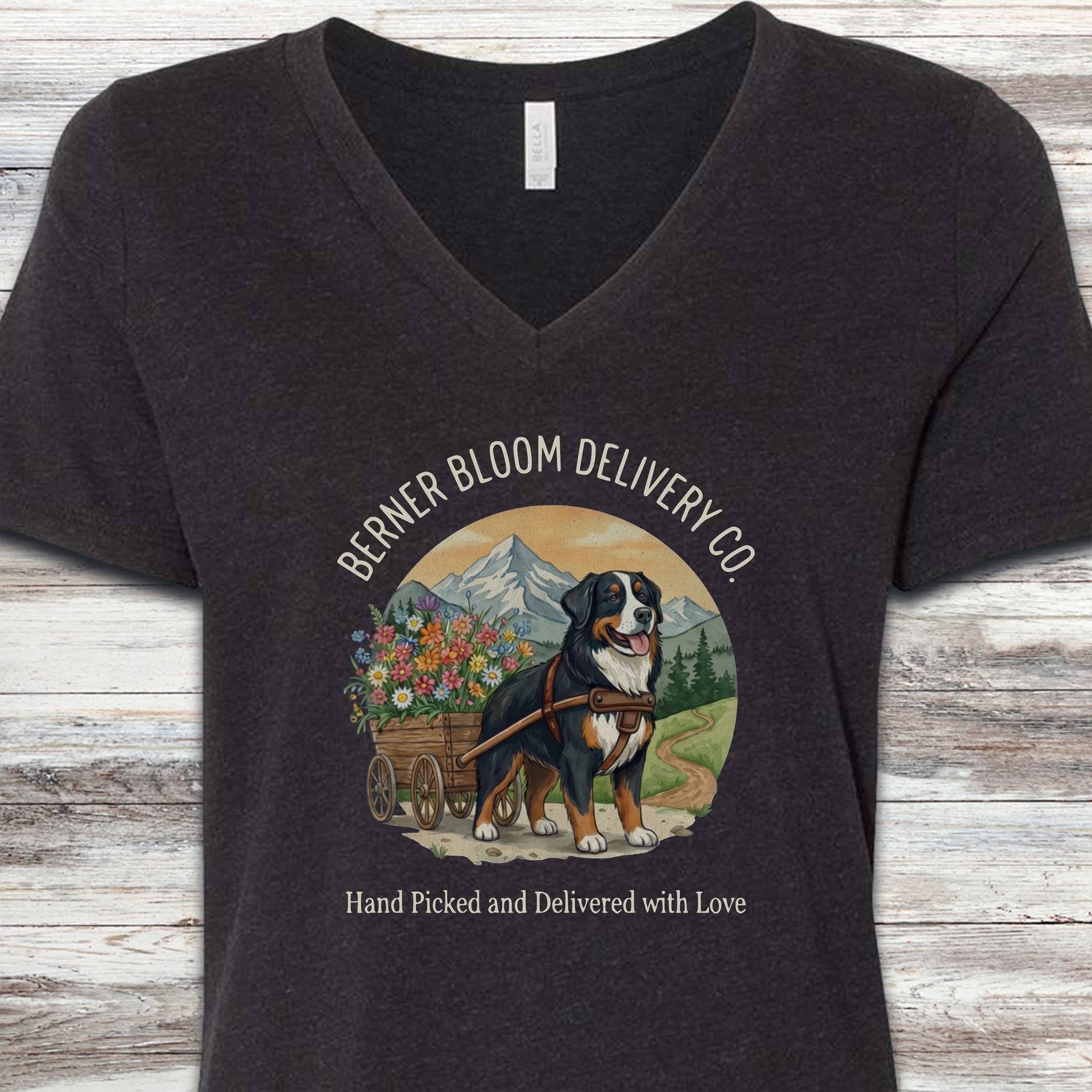 Bernese Mountain Dog Bloom Delivery V-Neck Tee - Black Heather