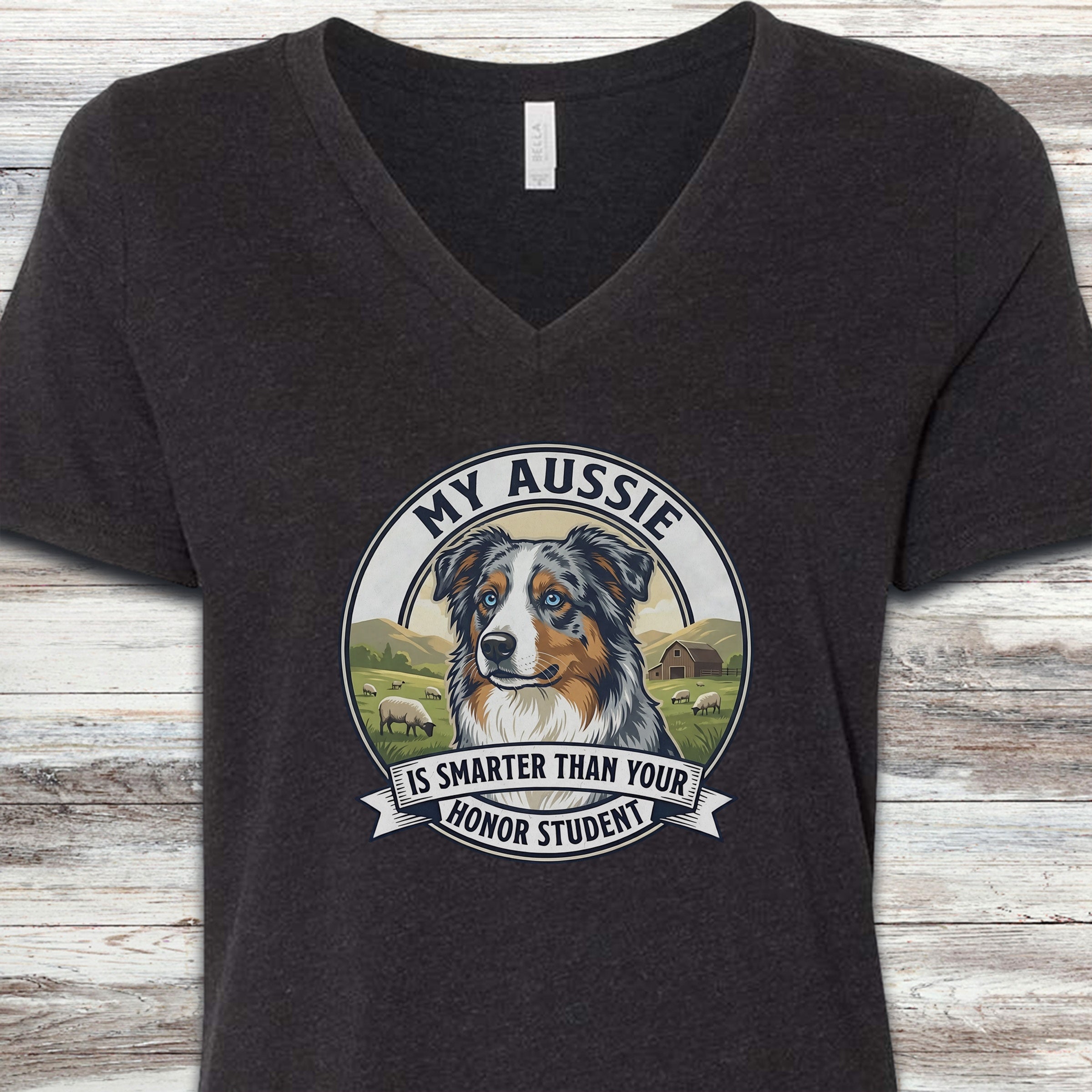 Australian Shepherd Aussie Smart V-Neck Tee - Black Heather