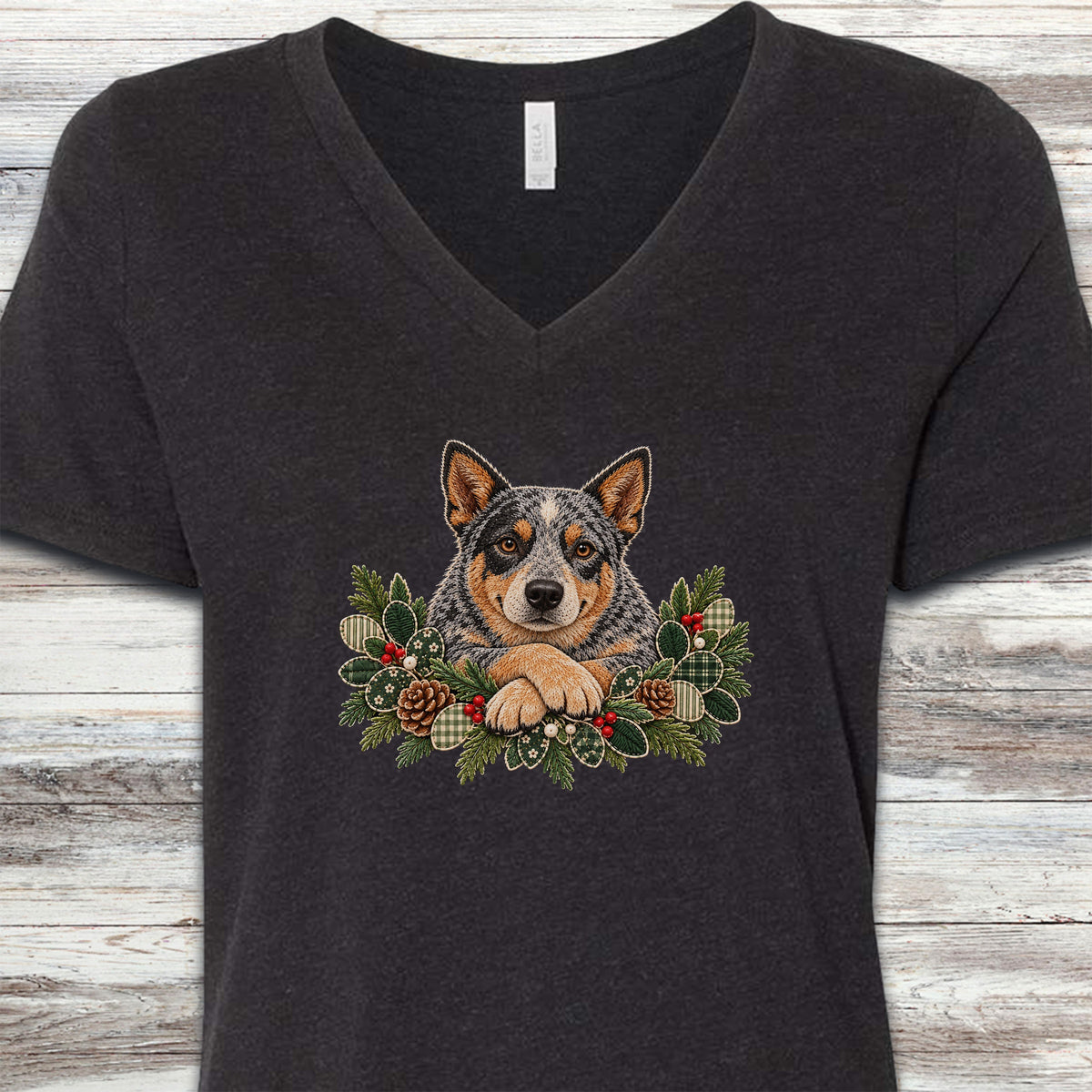 Australian Cattle Dog Winter Greenery Faux Embroidery V-Neck Tee - Black Heather