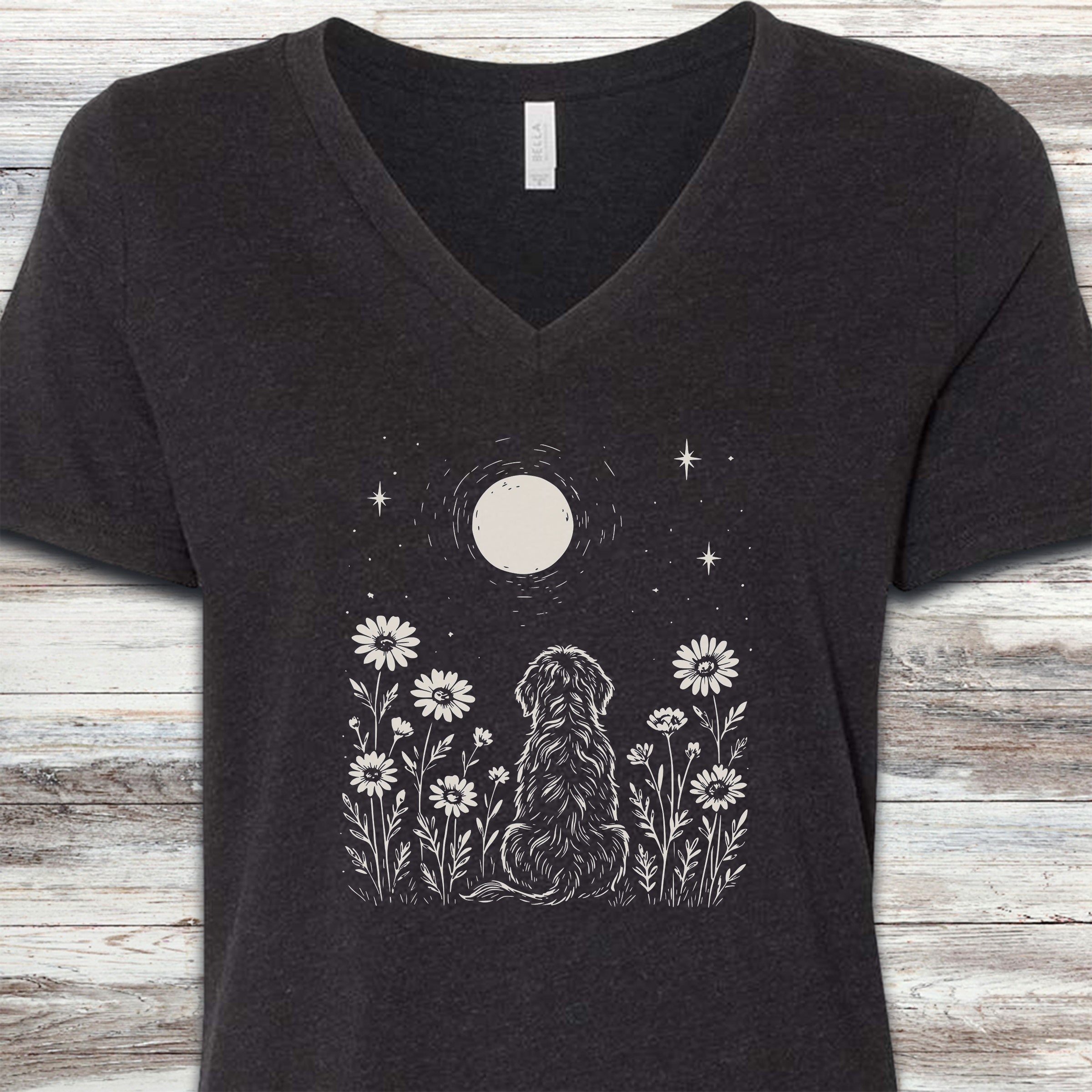 Doodle Moonlight & Wildflowers V-Neck Tee - Black Heather