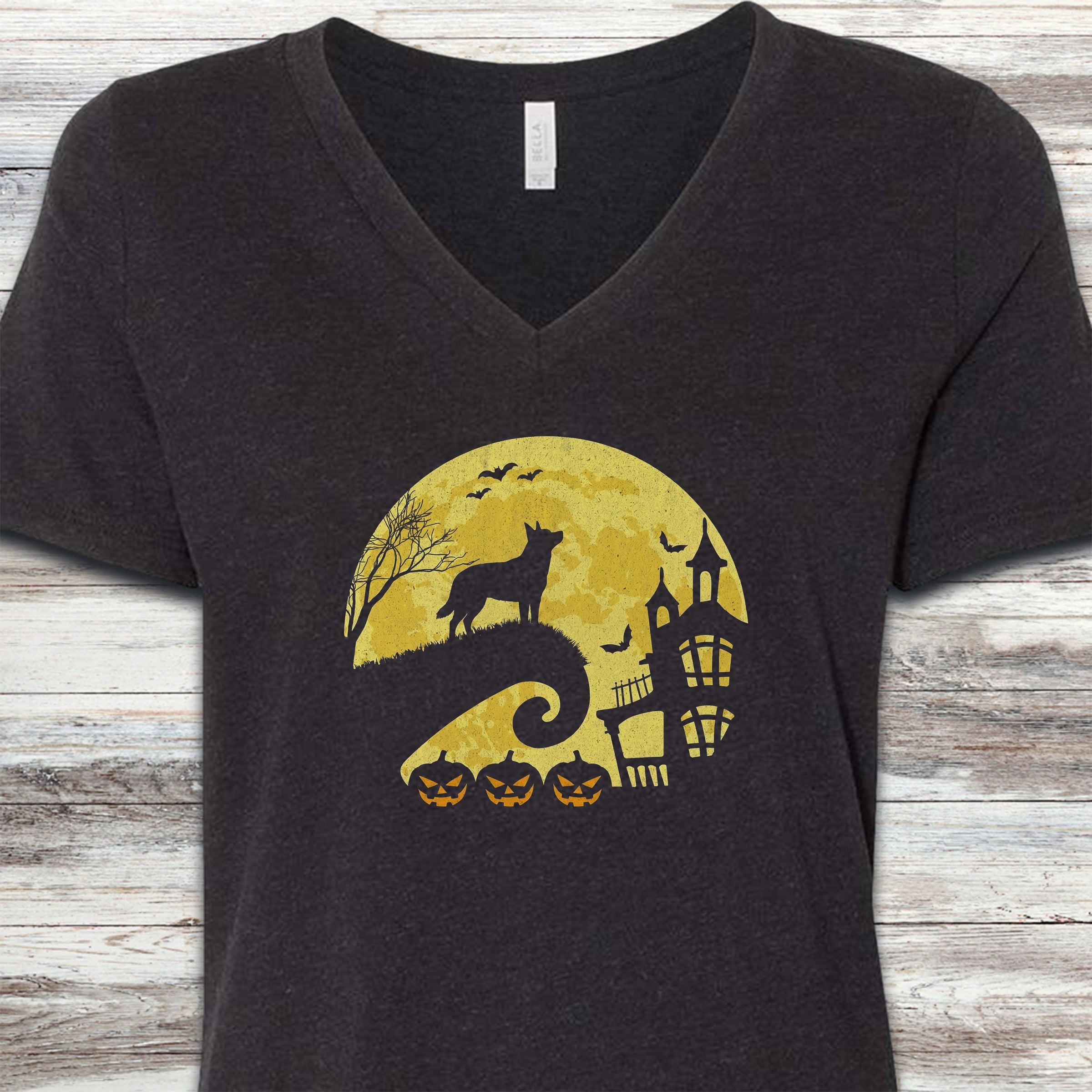 Australian Cattle Dog Halloween Moon V-Neck Tee - Black Heather