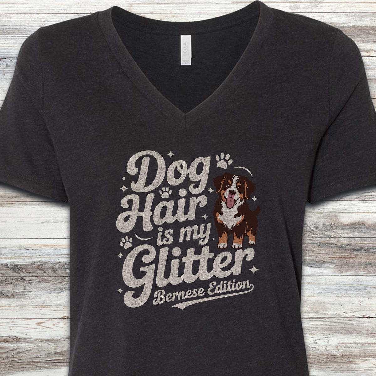 Bernese Mountain Dog Glitter V-Neck Tee - Black Heather