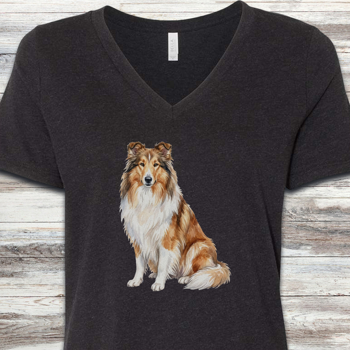 Rough Collie Watercolor V-Neck Tee - Black Heather