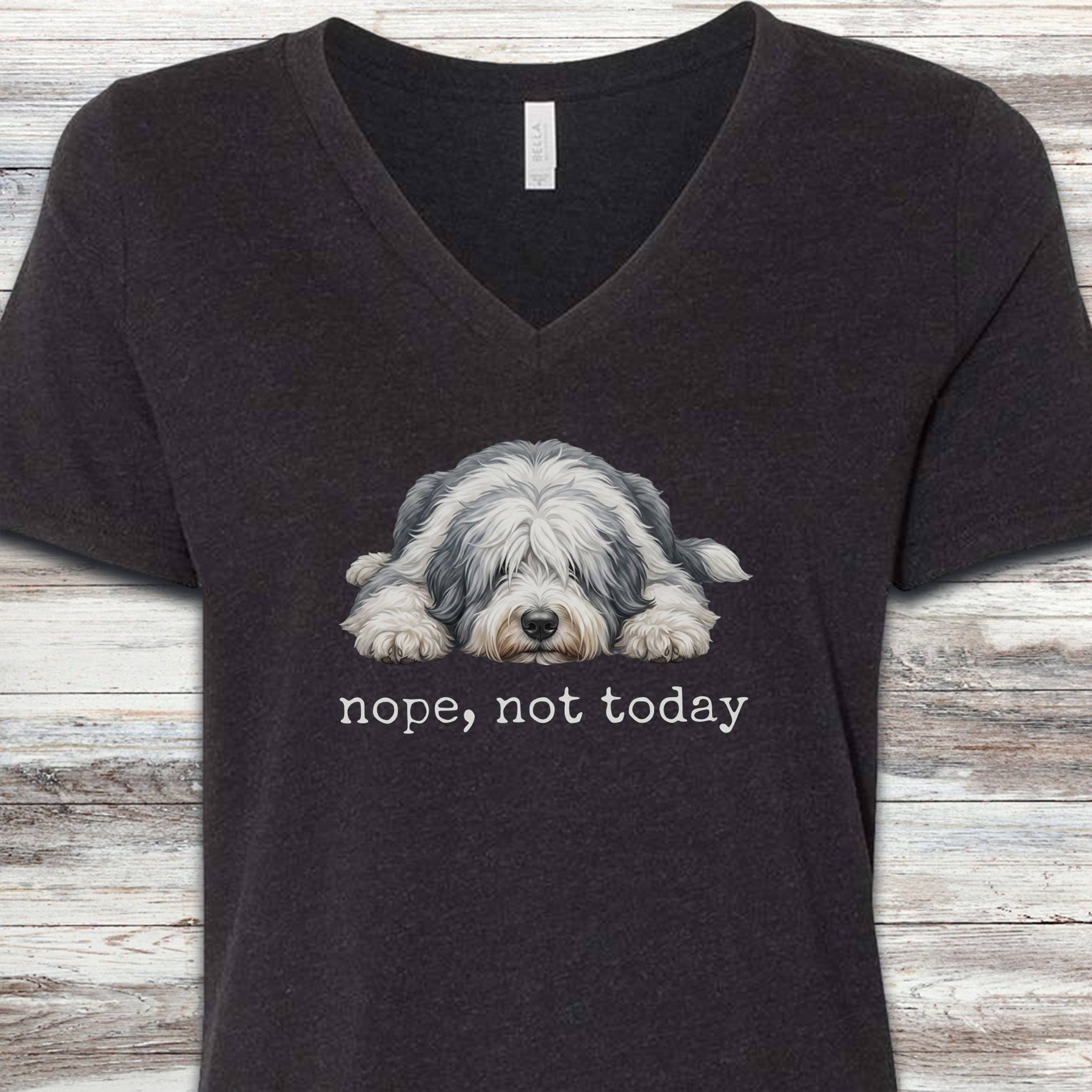 Old English Sheepdog Nope V-Neck Tee - Black Heather