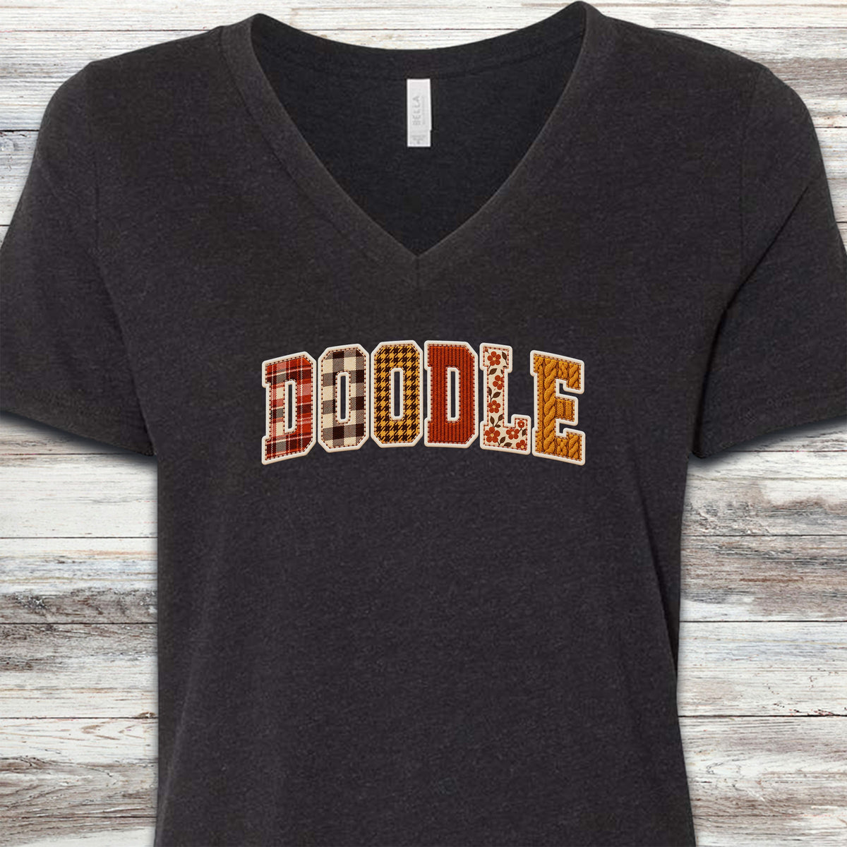 Doodle Fall Faux Patchwork V-Neck Tee - Black Heather