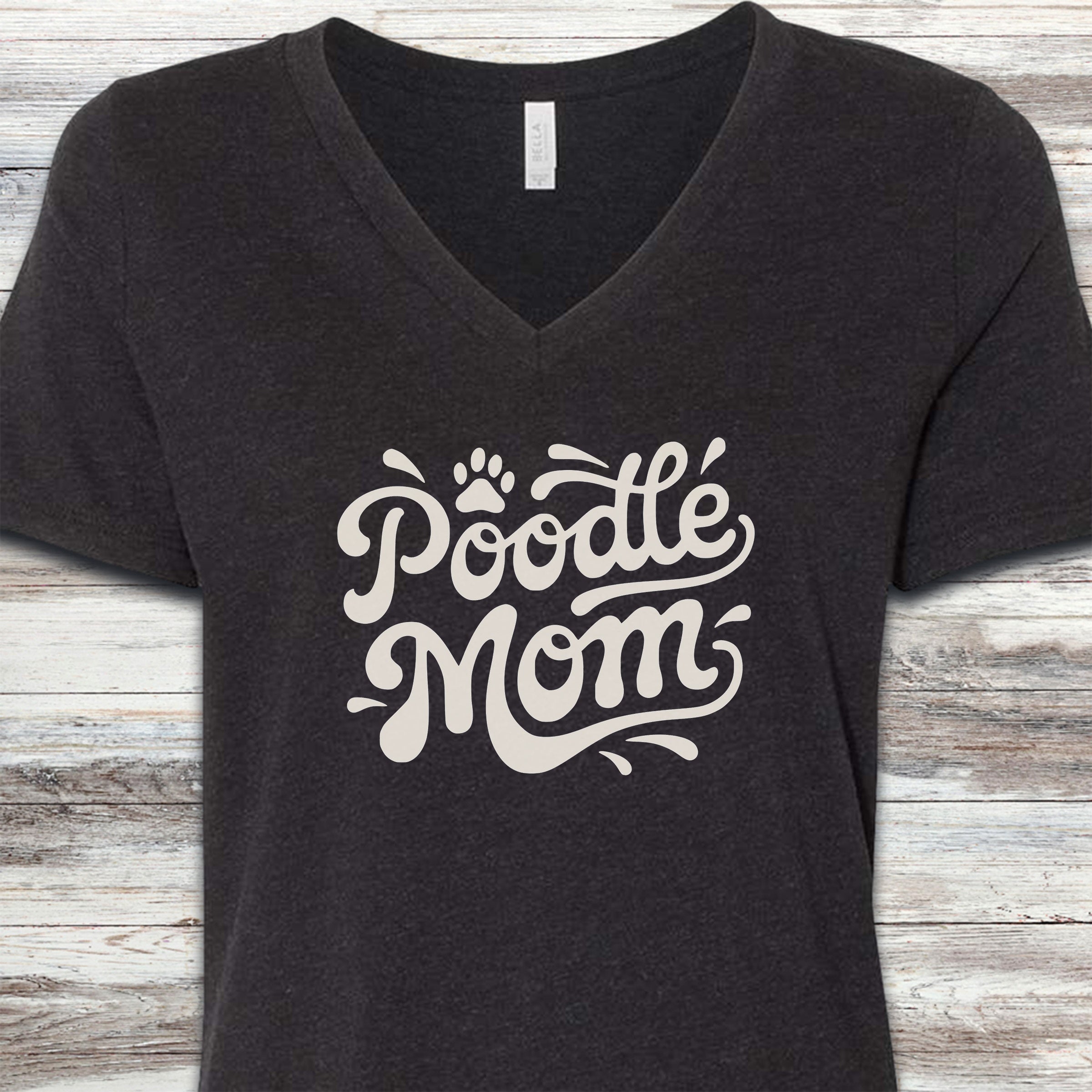 Poodle Groovy Mom V-Neck Tee - Black Heather