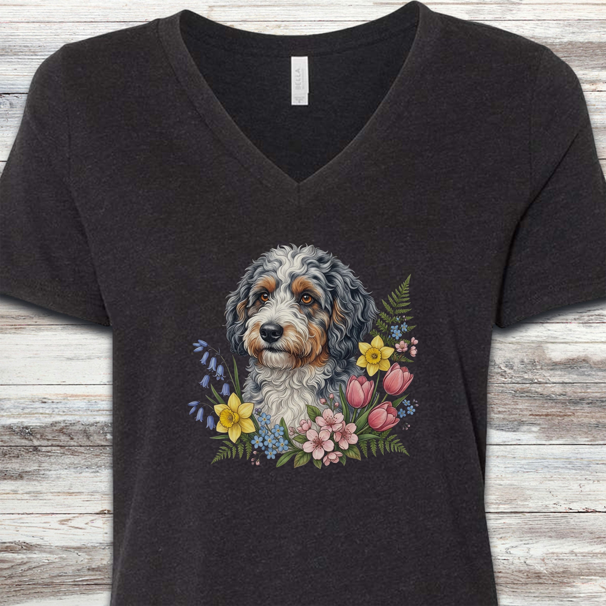 Aussiedoodle Spring Portrait V-Neck Tee - Black Heather