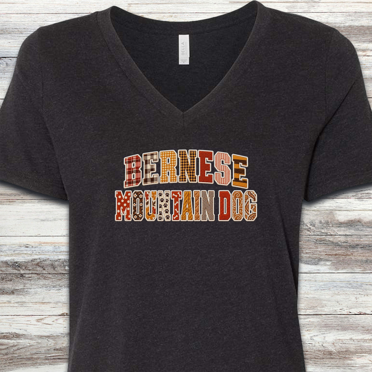 Bernese Mountain Dog Fall Faux Patchwork V-Neck Tee - Black Heather