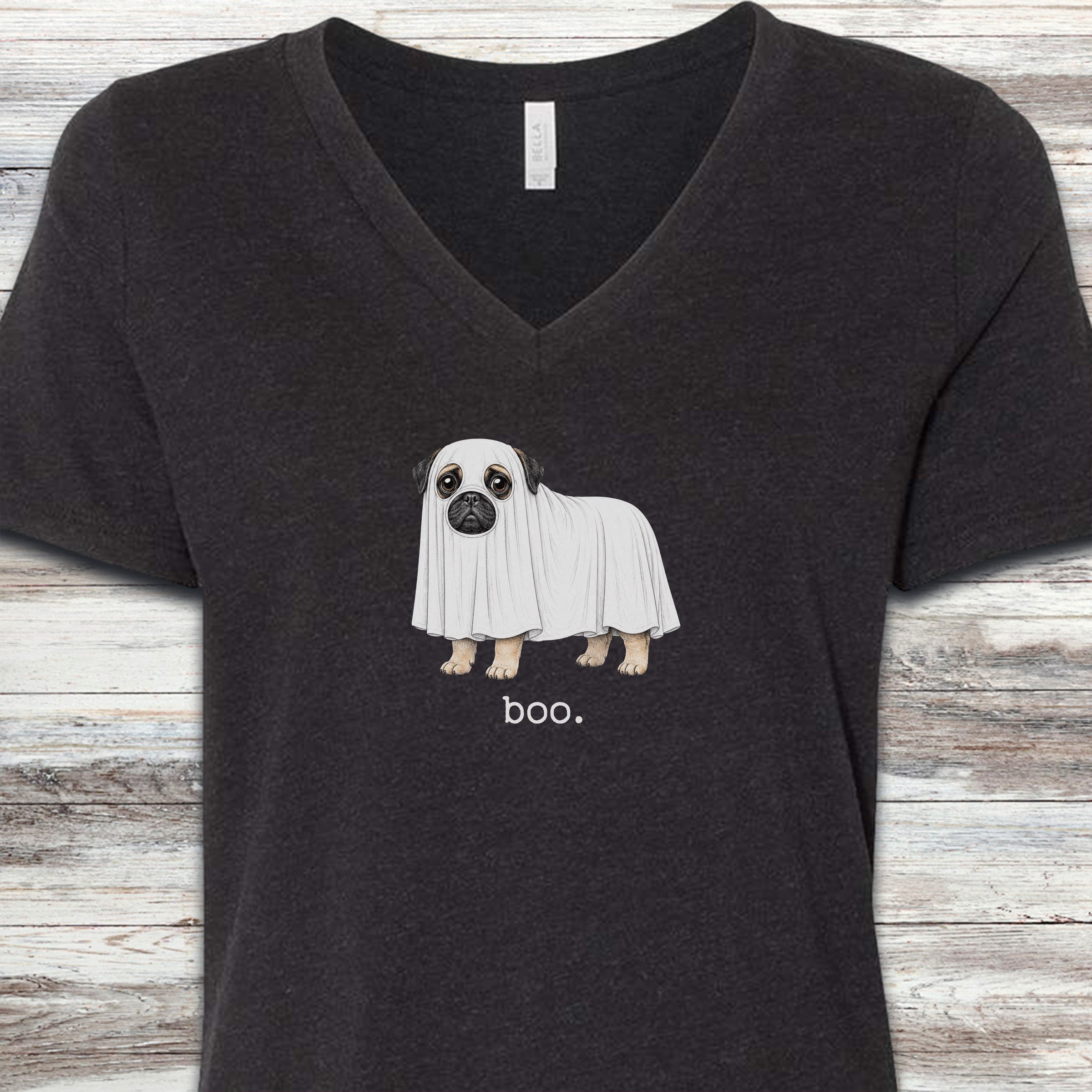 Pug Boo V-Neck Tee - Black Heather