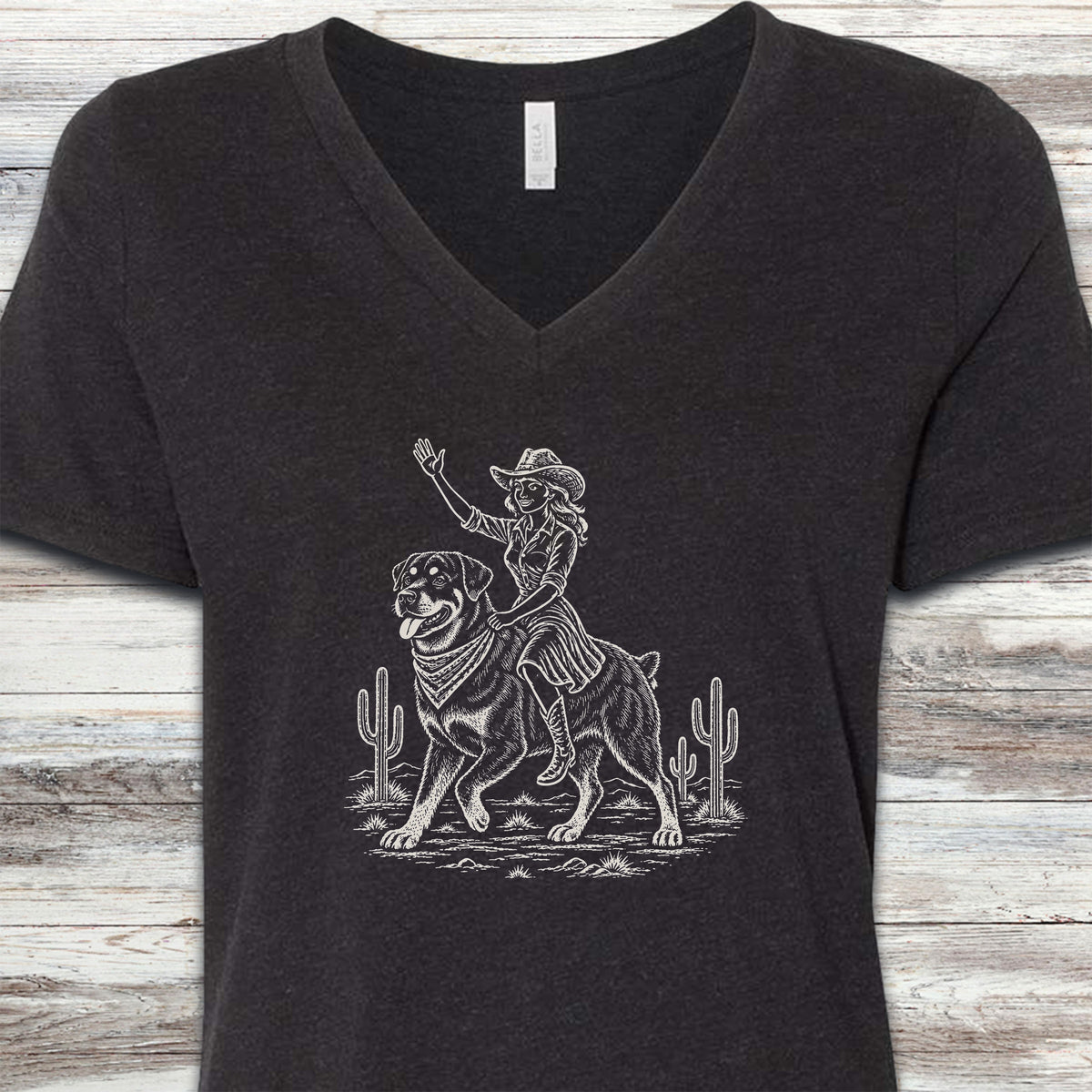 Rottweiler Cowgirl V-Neck Tee - Black Heather