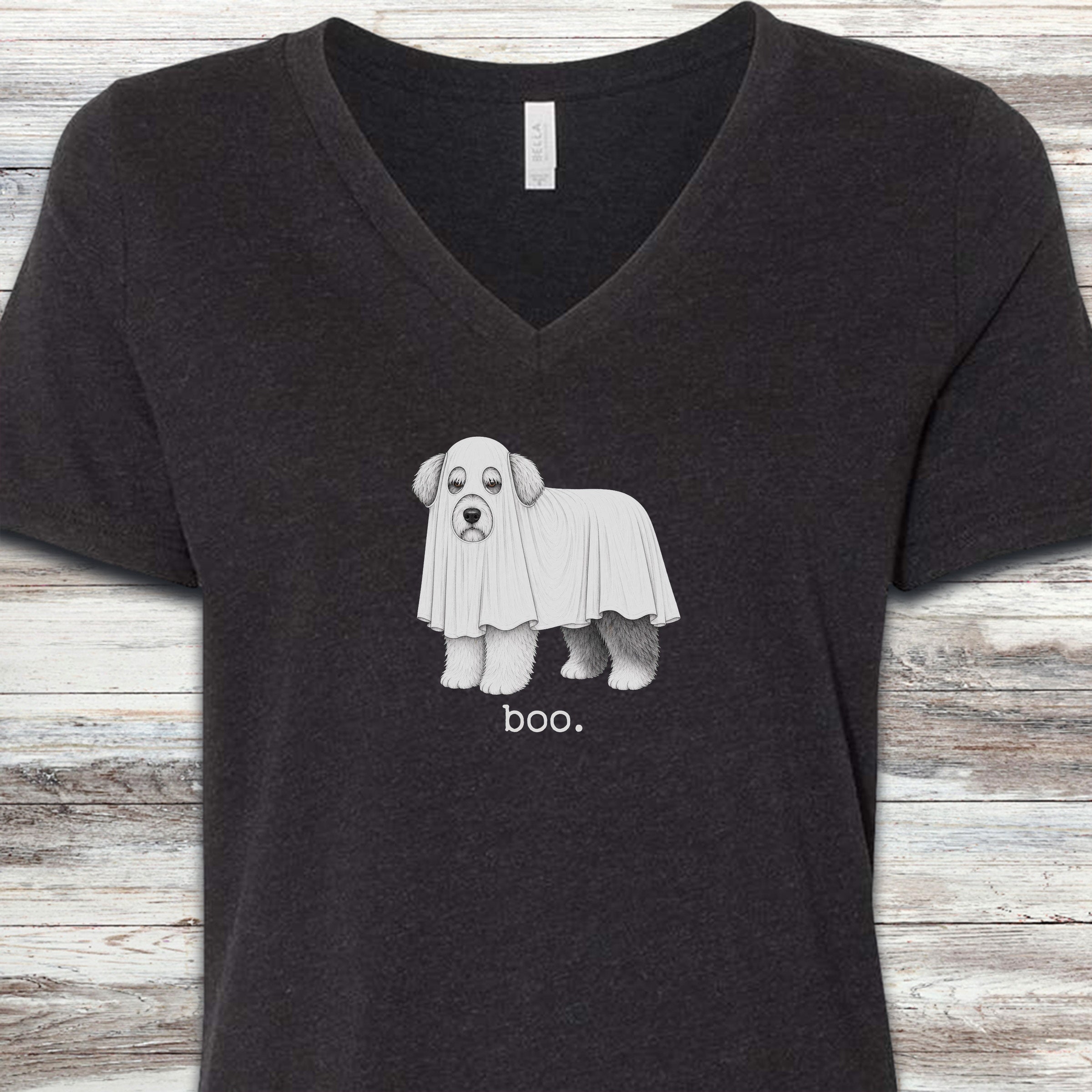 Old English Sheepdog Boo V-Neck Tee - Black Heather